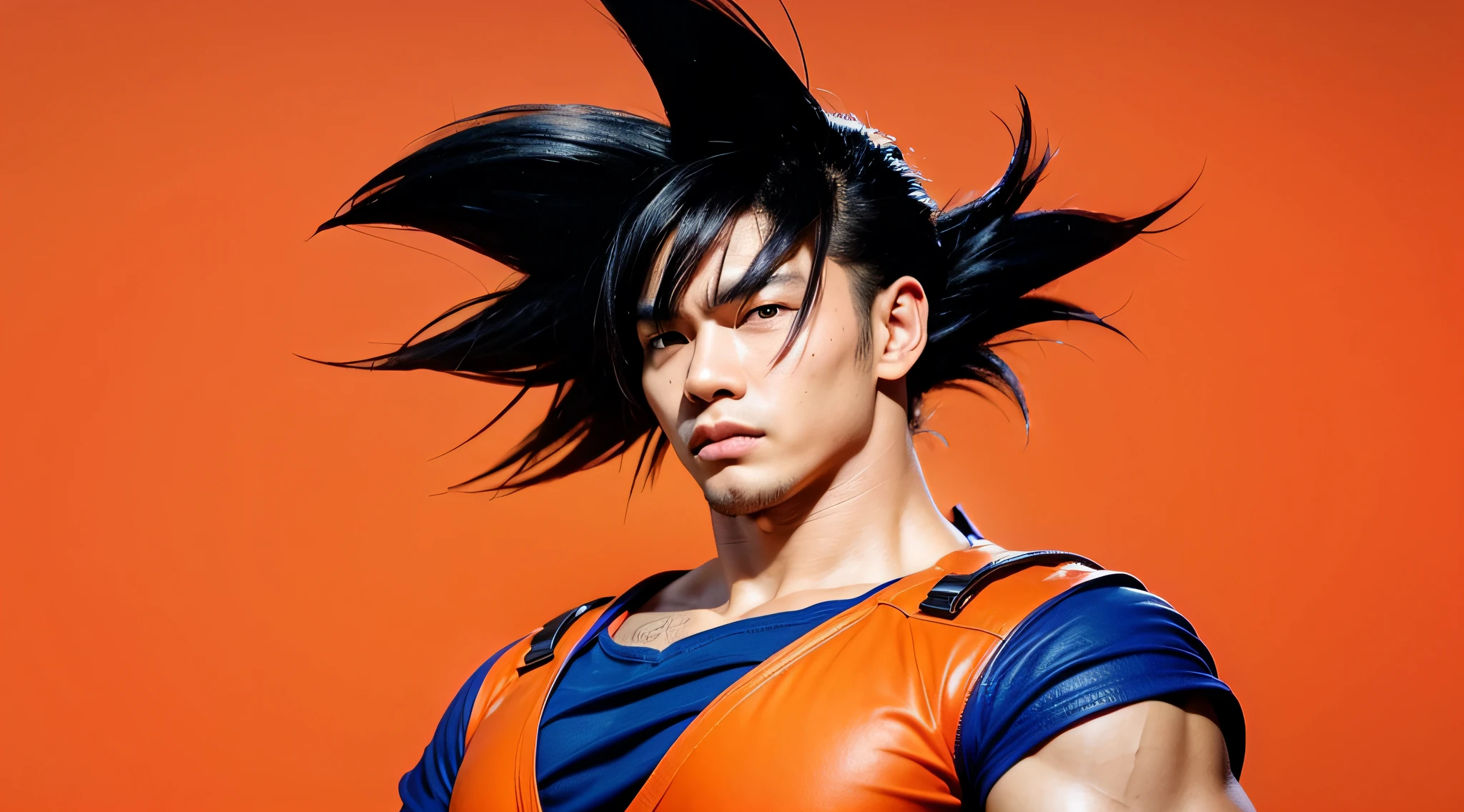 Asian man, black hair, orange shirt with blue edges, muscular, ultra realistic image