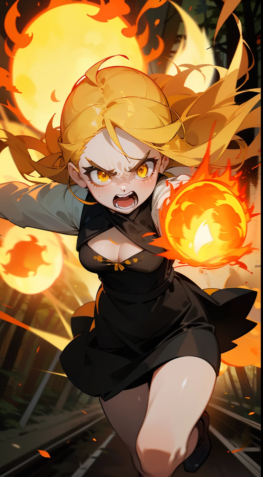 1girl small,solo,20s,angry face,open mouth,(((woman face))),little cleavage,white blouse,black skirt, yellow hair,long hair,yellow eyes,burning body,burning on floor,(((running in front of a forest))),(((attacking with fire balls)))