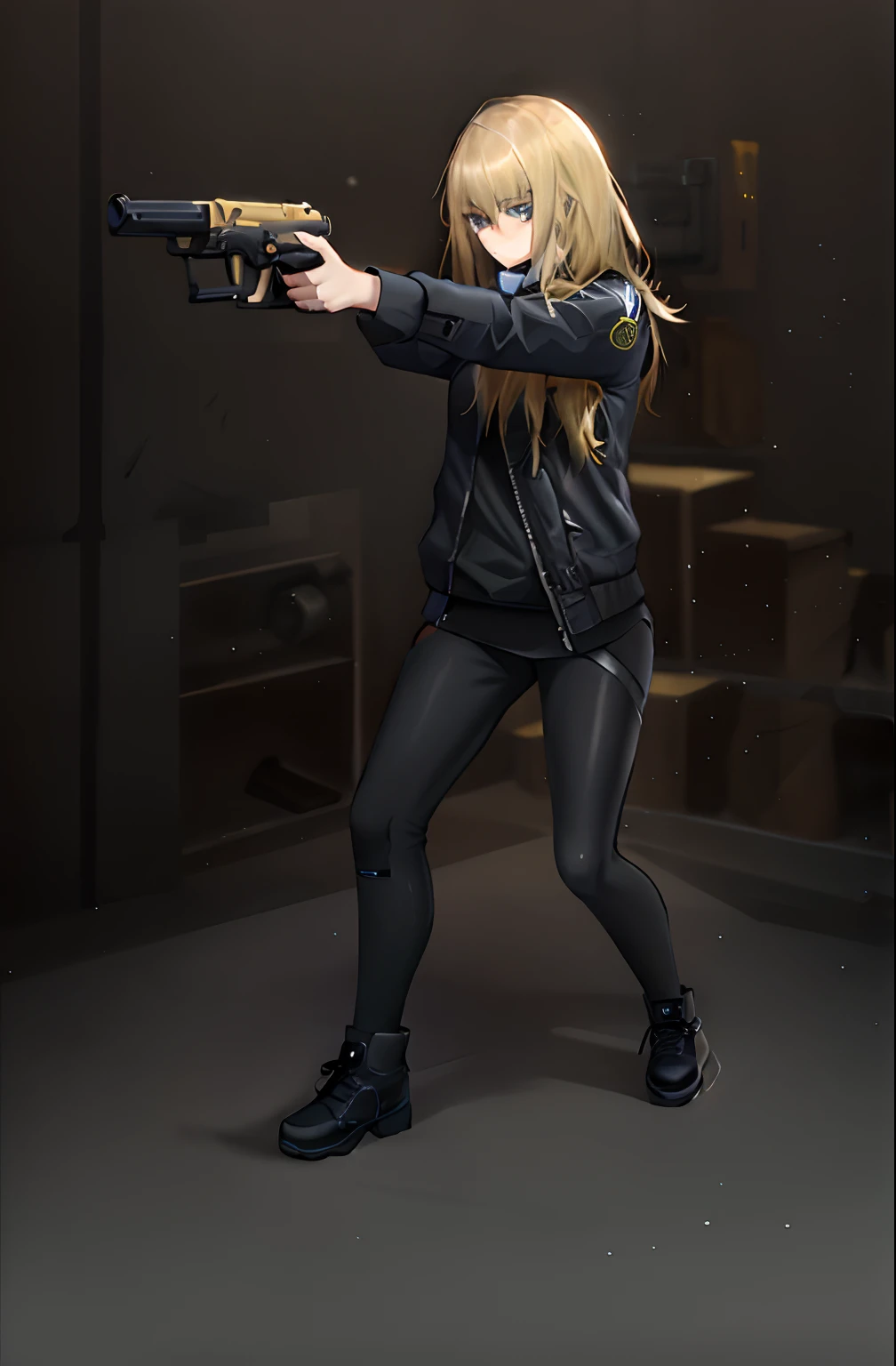 blond woman in black jacket holding a gun and posing for a picture, an edgy assassin, shooting pose, photograph of a techwear woman, dramatic wielding gun pose, with pistol, in an action pose, female lead character, action glamour pose, full body action pose, action poses with weapons, cinematic full body shot, action pose, outfit: cop, threatening pose, glock17