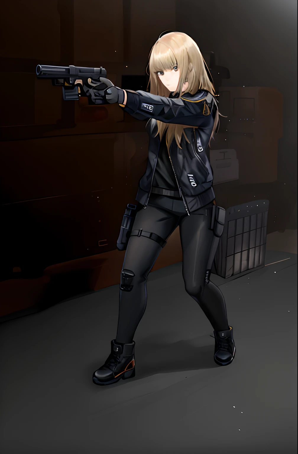 blond woman in black jacket holding a gun and posing for a picture, an edgy  assassin, shooting pose, photograph of a techwear woman, dramatic wielding gun pose, with pistol, in an action pose, female lead character, action glamour pose, full body action pose, action poses with weapons, cinematic full body shot, action pose, outfit: cop, threatening pose, glock17