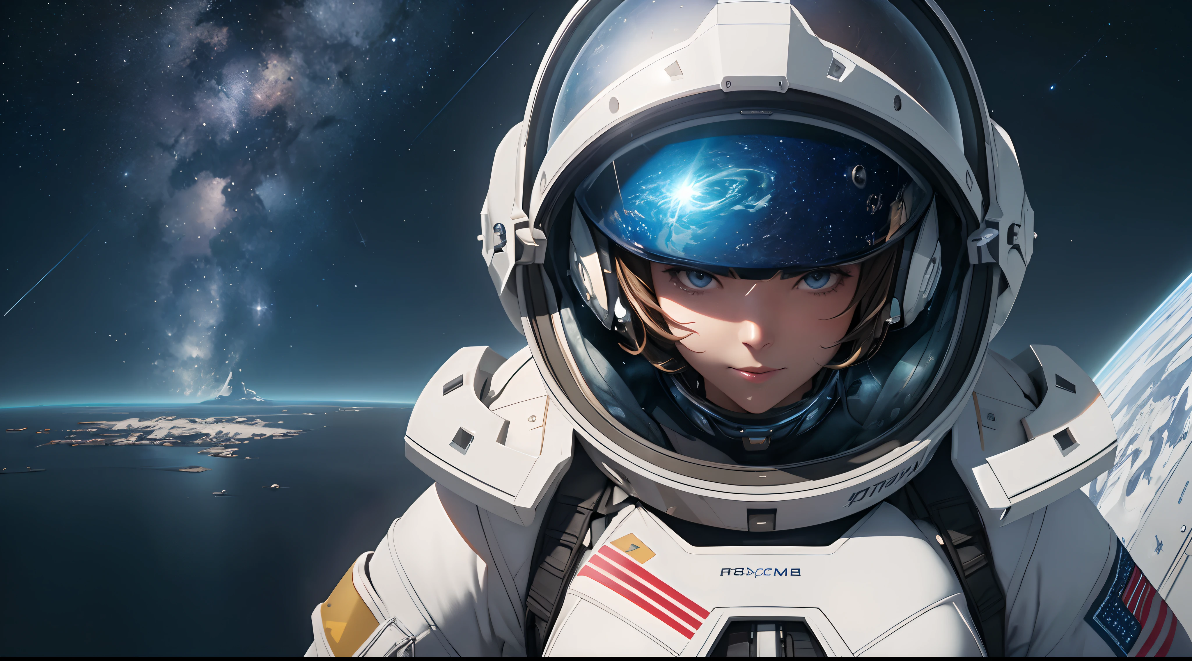 ((Best quality)), ((masterpiece)), (detailed:1.4), 1girl, from above, space, stars, space station, earth, floating, astronaut, gloves, helmet, space suit, dynamic angle, HDR (High Dynamic Range), Ray Tracing, NVIDIA RTX, Super-Resolution, Unreal 5, Subsurface scattering, PBR Texturing ,Post-processing, Anisotropic Filtering, Depth-of-field, Maximum clarity and sharpness, Multi-layered textures, Albedo and Specular maps, Surface shading, Accurate simulation of light-material interaction, Perfect proportions, Octane Render, Two-tone lighting, Wide aperture, Low ISO, White balance, Rule of thirds, 8K RAW, absurd res, high res, ultra-detailed,