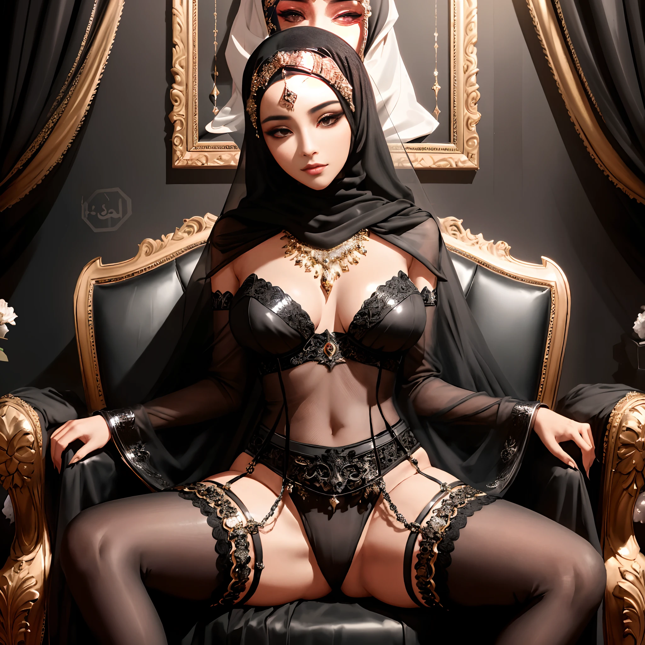 araffe dressed in a black outfit sitting on a chair, on her throne, arabian princess, arabian beauty, sitting on her throne, arab princess, a beautiful fantasy empress, 8k high quality detailed art, ((a beautiful fantasy empress)), artwork in the style of guweiz, inspired by Hedi Xandt, [ 4 k digital art ]!!