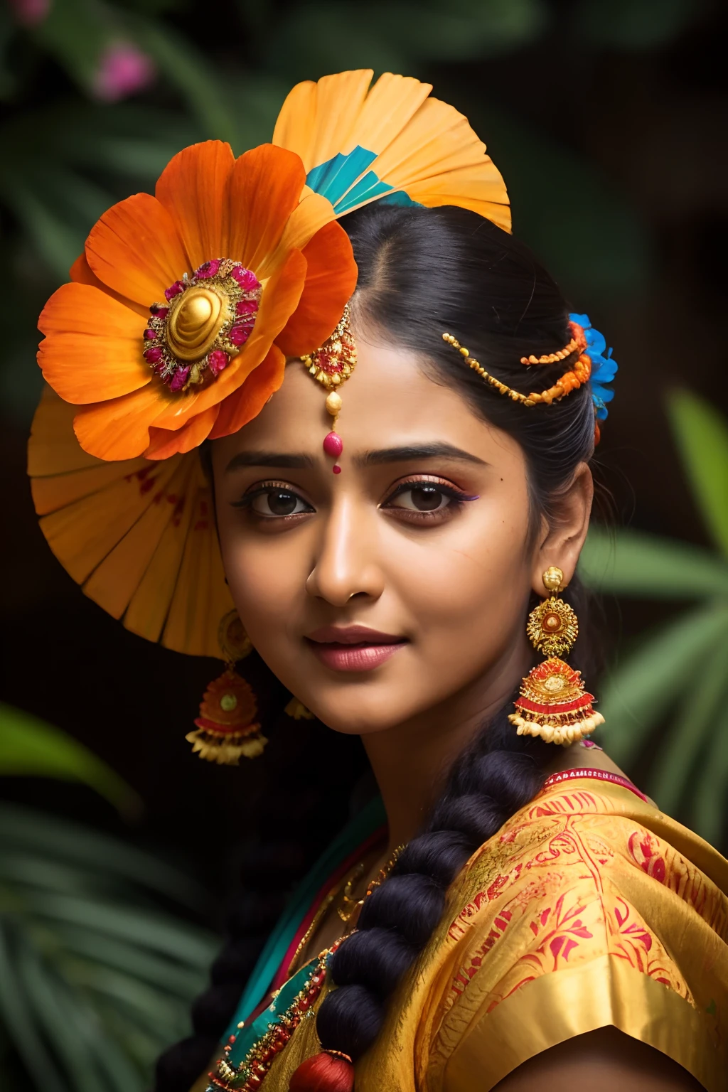 Looks like Anushka Shetty, a close up of a woman in a colorful dress with a flower in her hair, very beautiful enga style, with colourful intricate, candid shot, traditional beauty, candid picture, orange details, wearing intricate, candid portrait photo, with kerala motifs, wearing an elegant tribal outfit, orange and turquoise, orange and teal color, * colour splash *, traditional, stunning visual