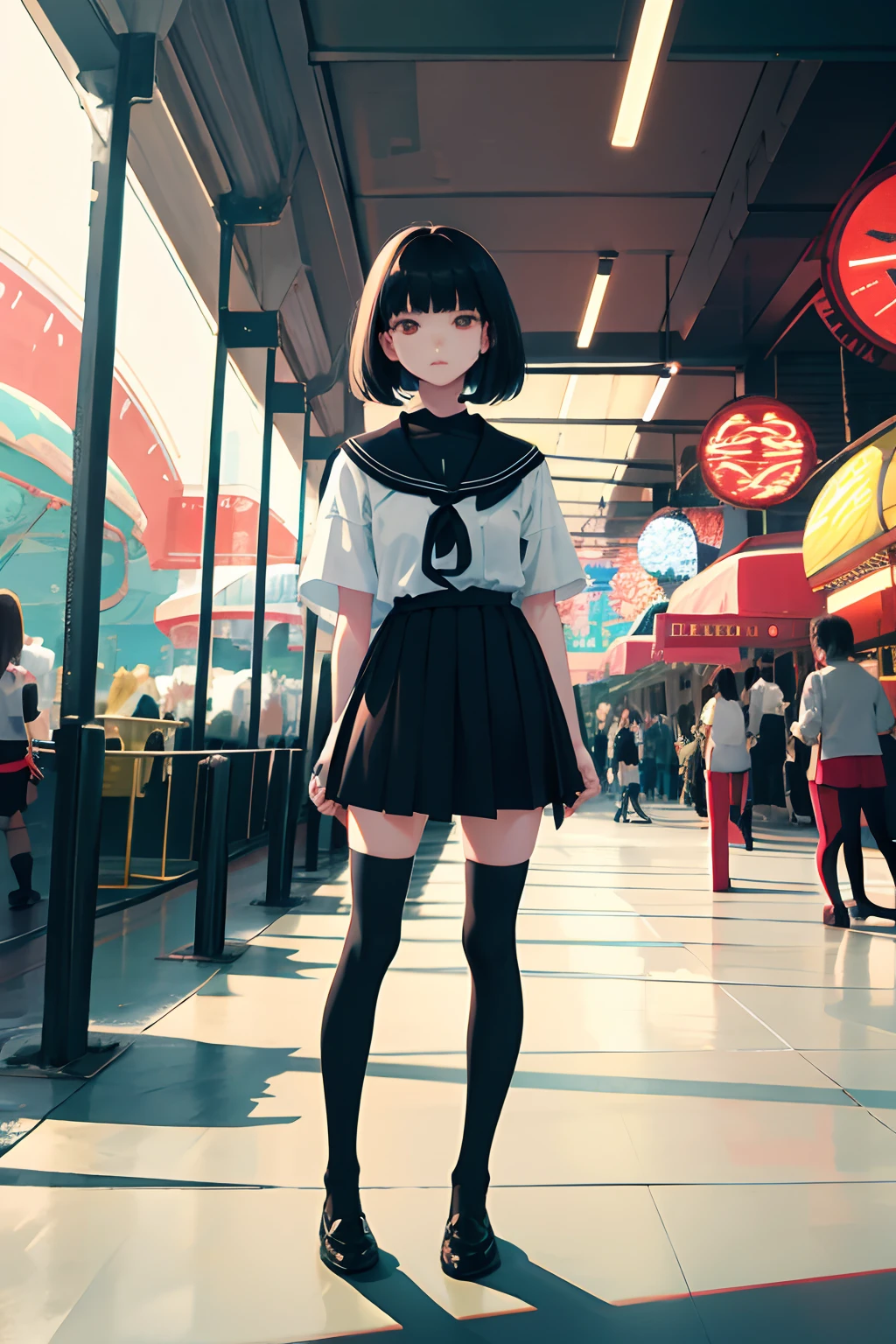 child,Standing,daunting pose,(masterpiece,Highest Quality),zettai ryouiki thighhighs,pleatedskirt,Short sleeve blouse,pupils,A dark-haired,Medium bob,Black socks,An amusement park
