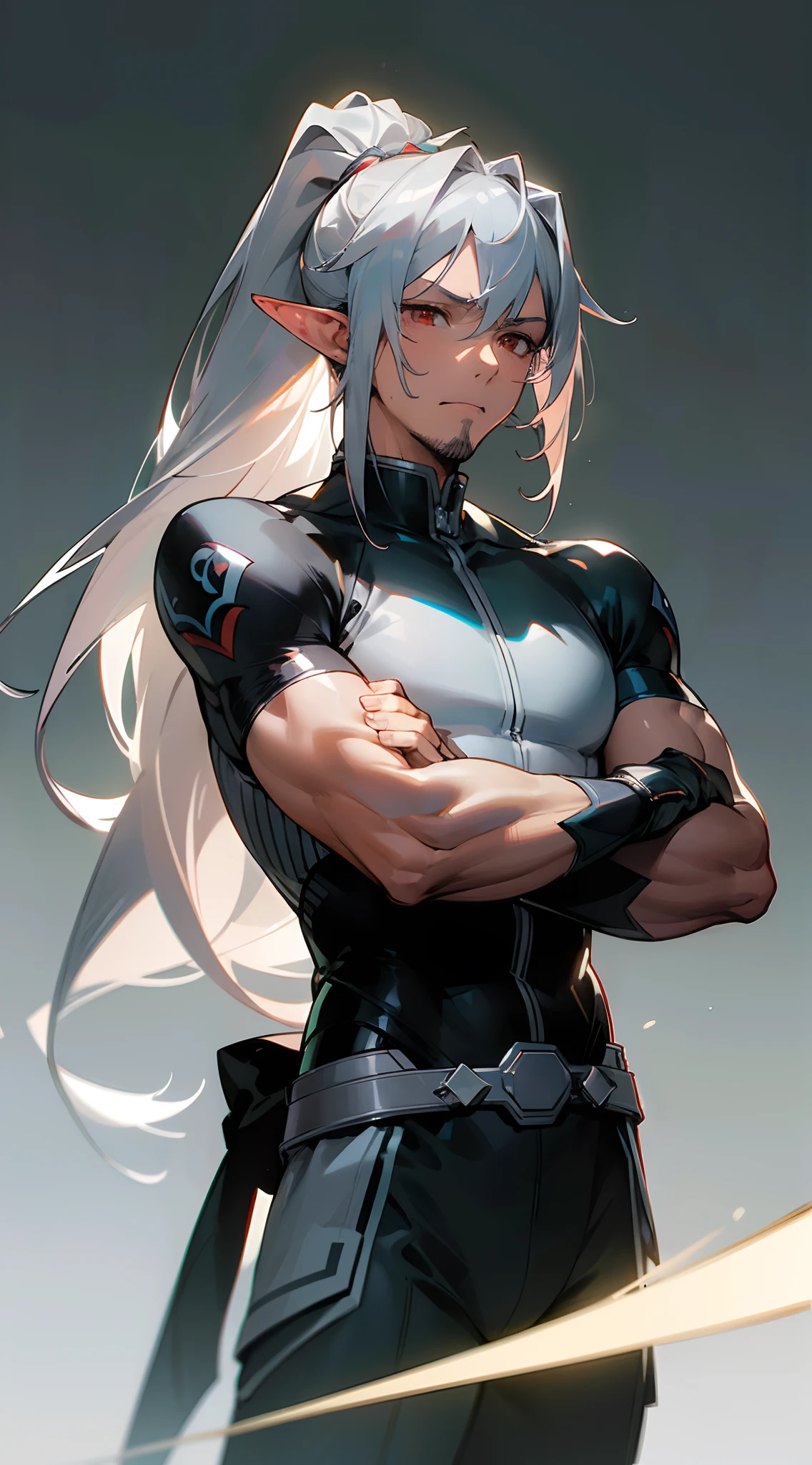 (masterpiece, best quality:1.3),beautiful detailed glow,best illuminate,(((best quality,textile shading,ultra detailed))),extremely detailed CG unity 8k wallpaper,Highly Detailed beautiful and aesthetic,best light,high resolution,detailed,dynamic lighting , mix of sword art online and futuristic style clothes , Handsome man, ((gray stubble :1.1)) , red eyes , elf ears , extremely long hair , ((silver hair)) , hair in a ponytail, lean , muscular, strong arms ,((male:2 )), age 41