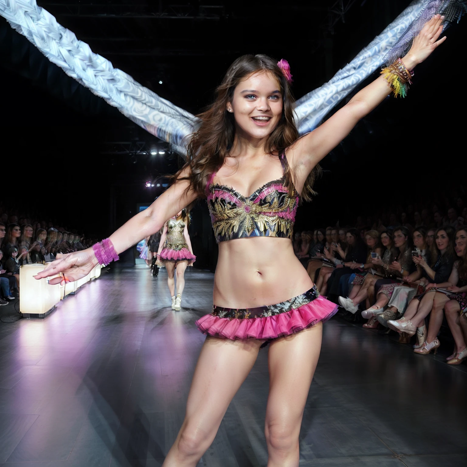 (masterpiece, high resolution, photorealistic:1.3), Olivia Rodrigo, the talented artist from the "Good 4 U" music video, strutting confidently down the runway at the Victoria's Secret Fashion Show, (cheerleader outfit:1.2) accentuating her vibrant personality, (high heels:1.1) adding an elegant touch to her walk, (dazzling smile:1.2) radiating confidence, (charismatic stage presence:1.1), surrounded by a mesmerized audience, (runway lights:1.2) casting a spotlight on her, (dynamic catwalk:1.1) showcasing her graceful movements, (fashionable backdrop:1.2) with intricate patterns and vibrant colors, (fashion enthusiasts:1.1) eagerly capturing her every step, (excitement and anticipation:1.2) filling the air, creating an atmosphere of glamour and success.