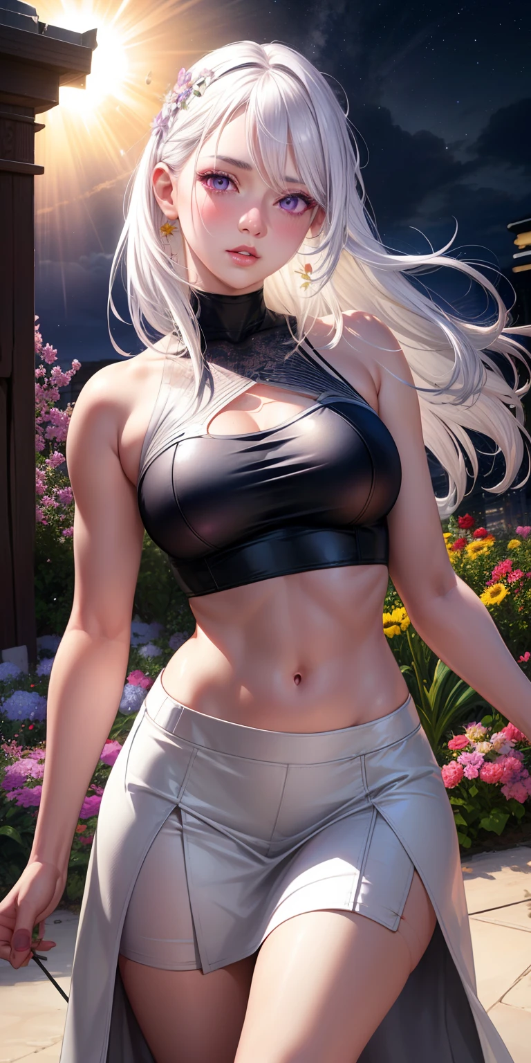 realistic, 1girl, white hair, purple eyes, glowing eyes, crop top, skirt, parted lips, blush, night, flowers, sun, sunlight,