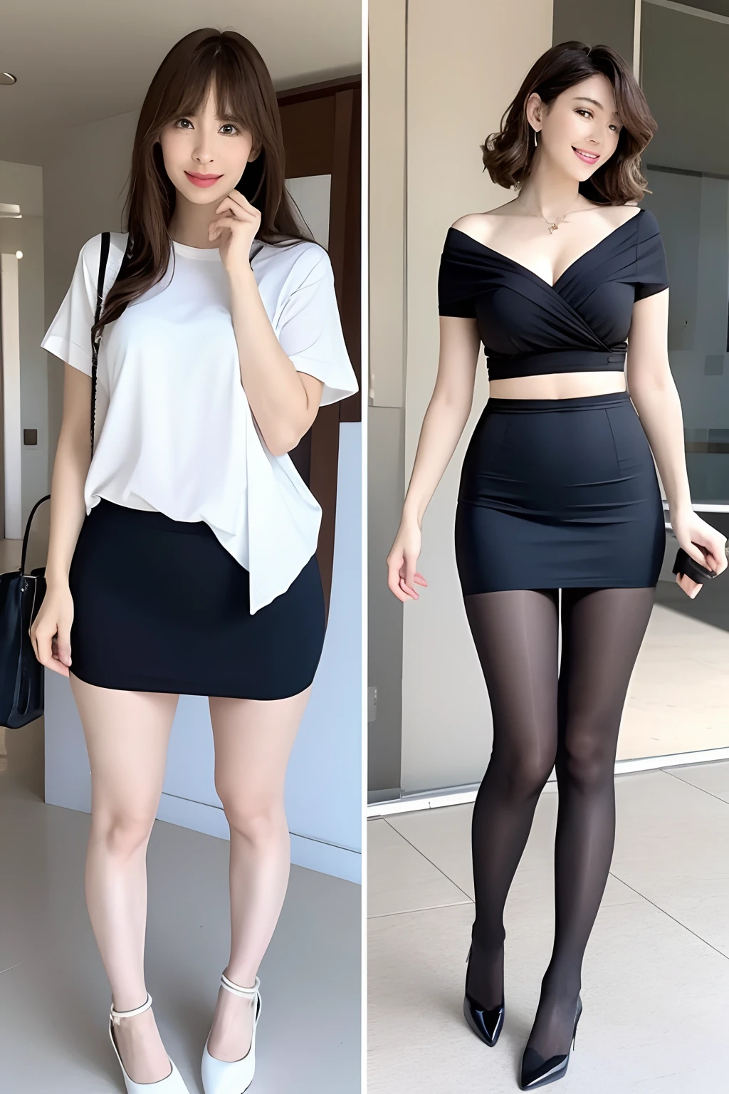 masterpiece, best quality, official art, model sheet, concept art, Large aperture, blurry background,(Perfect female body:1.2),(dark theme:1.3),(natural Skin texture, high clarity) , 1girl, solo, fullbody, long hair, skirt, black hair, standing, pantyhose, pencil skirt, high heels,pencil_skirt,high_heels,handbag ,g008,,, g009,