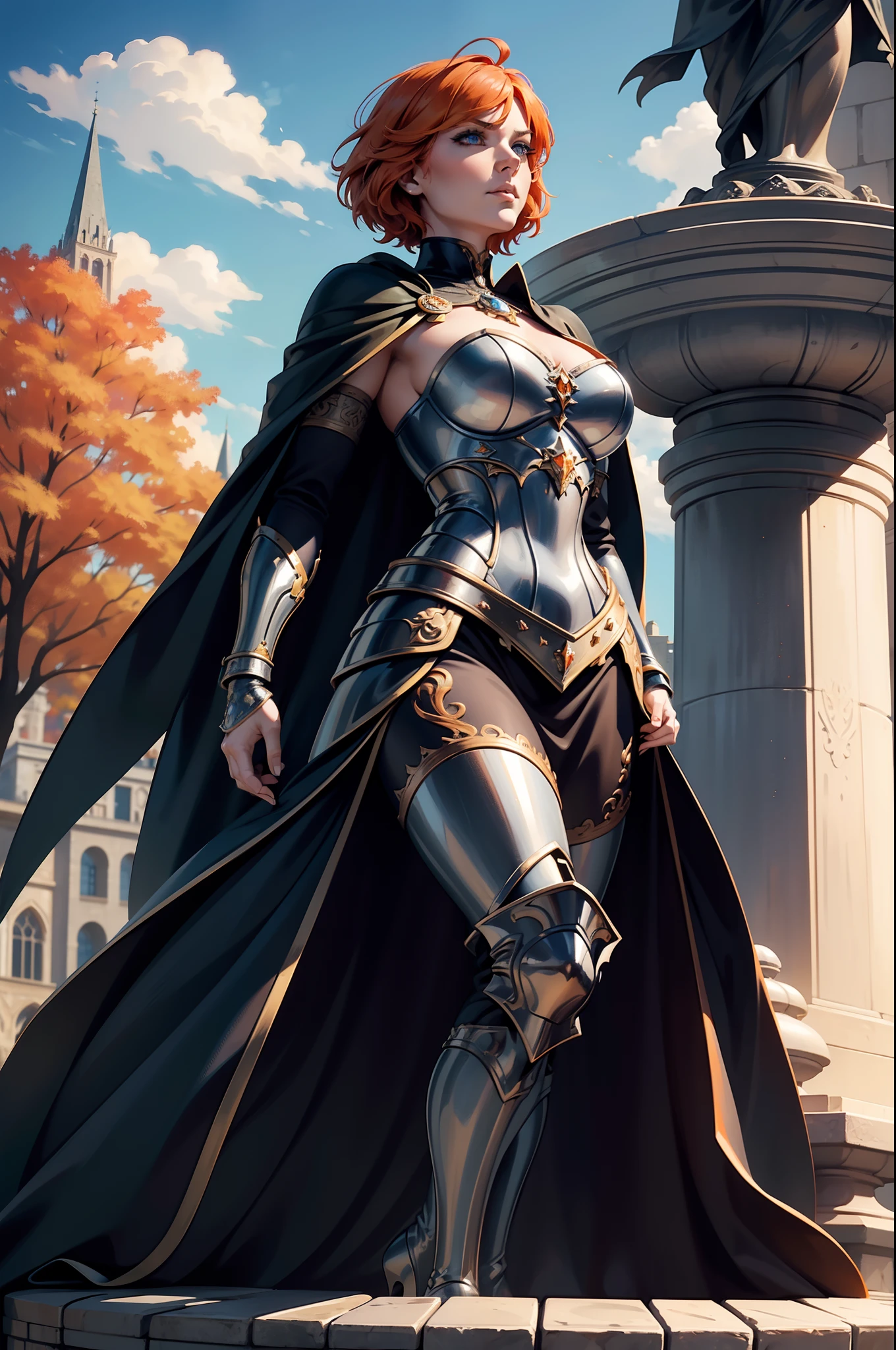 A beautiful and wonderful woman, extremely detailed, short orange hair wearing extremely detailed gothic armor, blue eyes in a fountain with statues in a medieval public square, palace, blue sky full of clouds and autumn trees, fluttering cape, 8k in an imposing position and arms crossed under the breasts, serious facial expression;