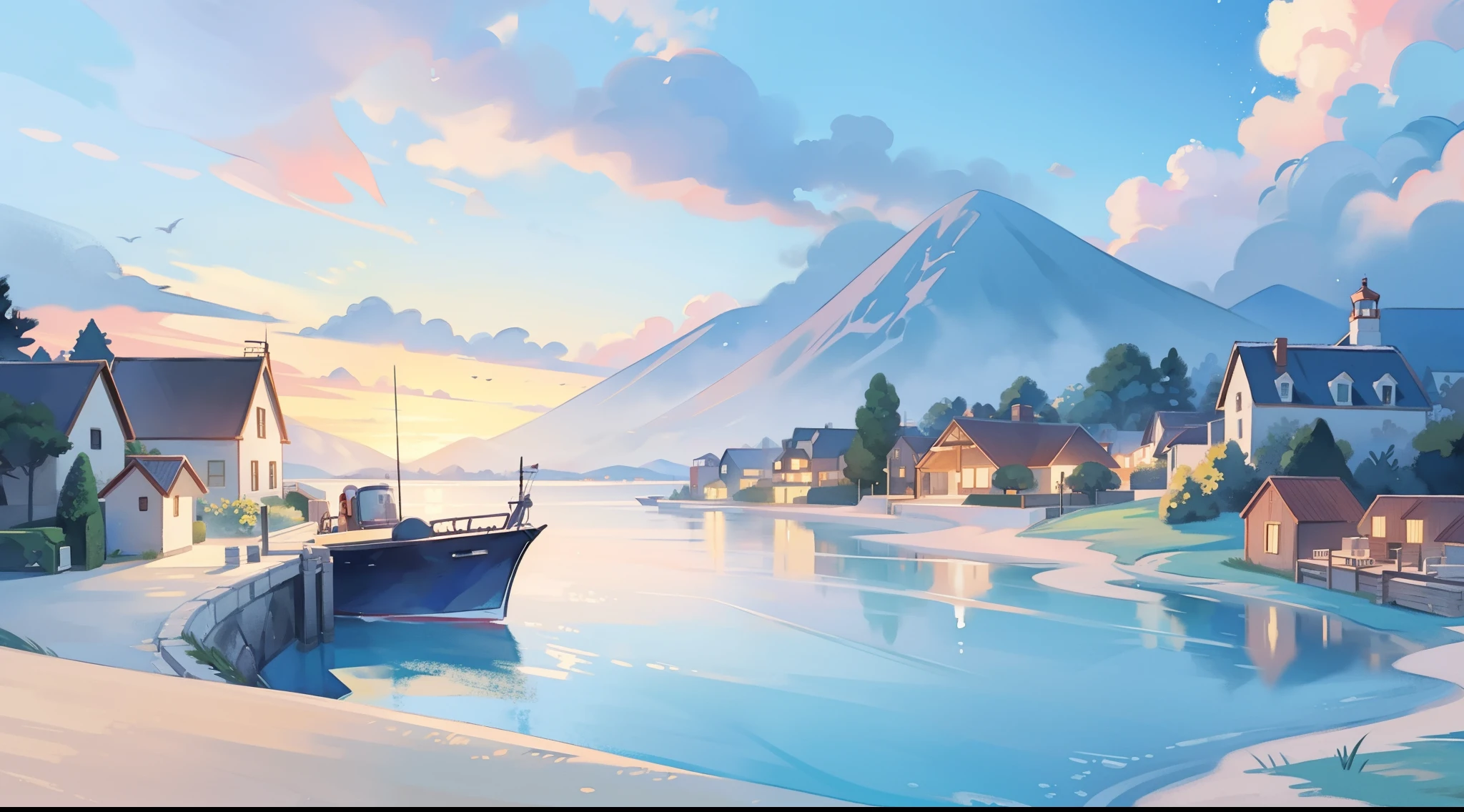 ((picture book illustration)), ocean fantasy, watercolor illustration, whimsical, sunset colors, village, houses, huge lighthouse, ((masterpiece)), highly detailed environment