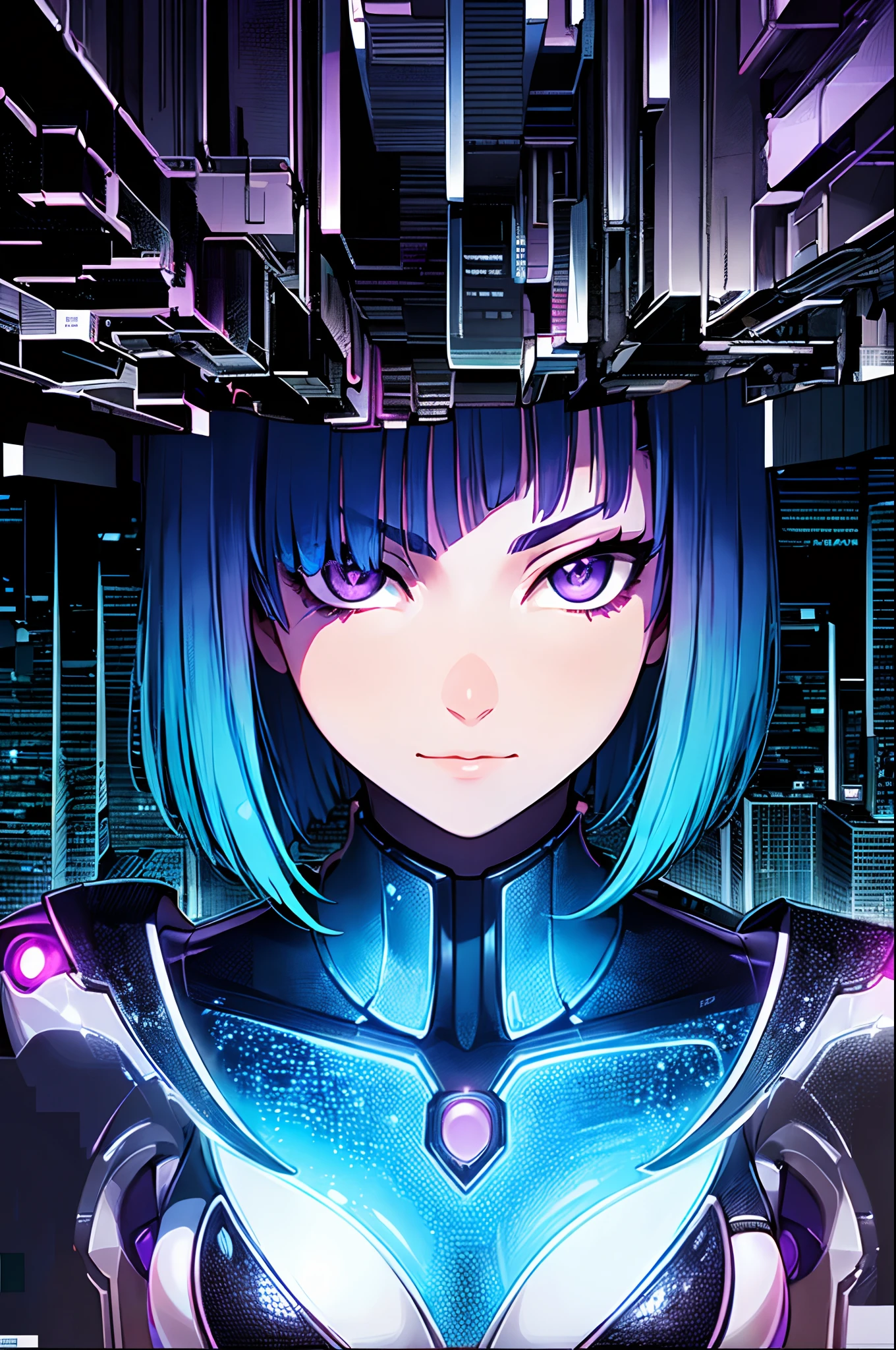 Highly detailed, ultra detailed, best quality, highest quality, hyper detailed, highly detailed background, photorealistic, masterpiece, detailed CGI 32k:1.3, detailed realistic skin, stunning and gorgeous, (holographic Girl), (against the backdrop of a cyberpunk city:1.2), (transparent body:1.3), small breasts, (dim lighting:1.2), (detailed hair:1.3), (bob haircut:1.2), (blue hair:1.3), (centered), (highly detailed:1.4), (purple eyes:1.3), (detailed face and eyes:1.4).