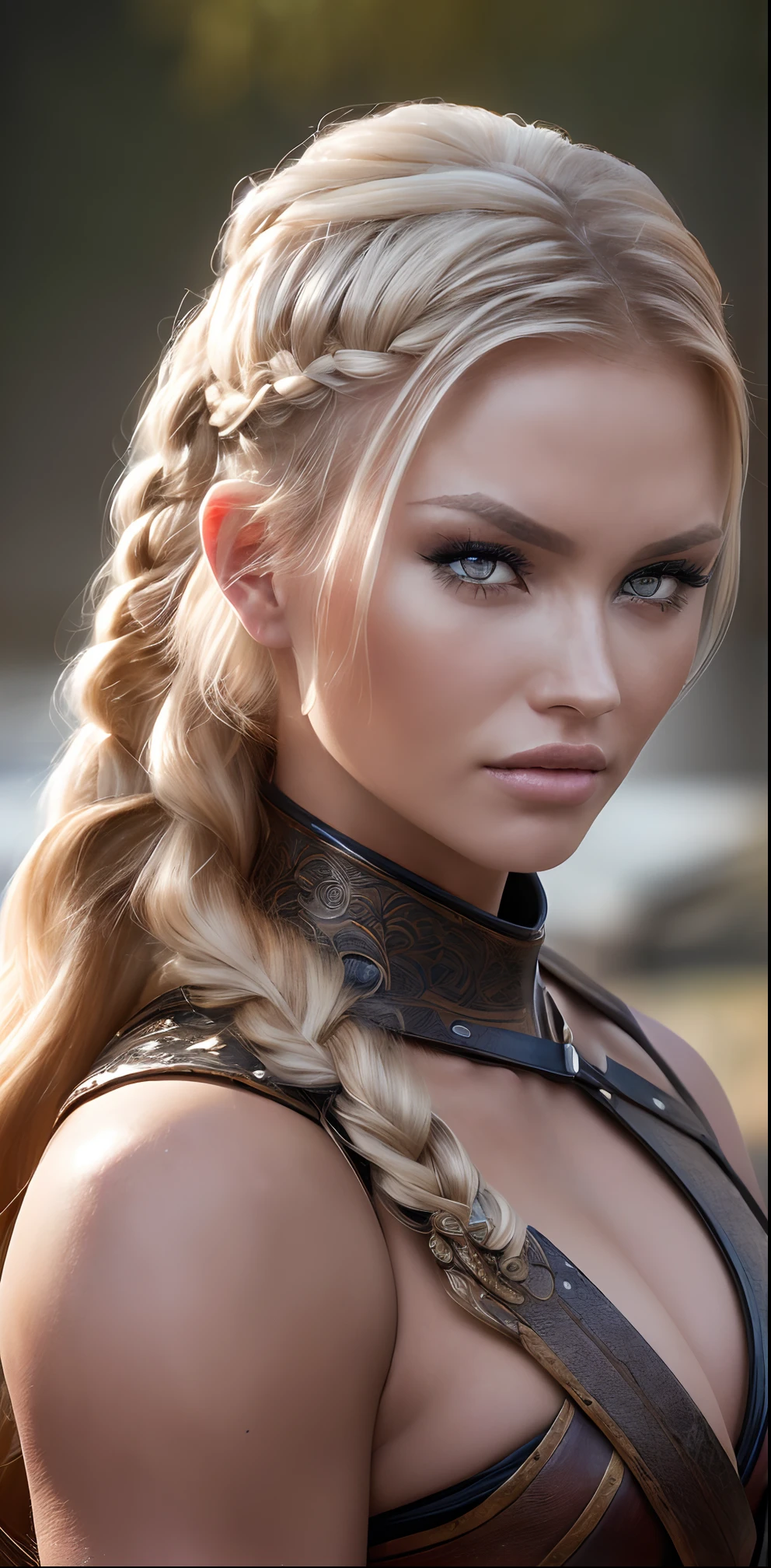 (((Ultra detailed, beautiful face, Megapixel))) Craft a visually captivating and intriguing photo realistic image of a model portraying a Viking shieldmaiden named Astrid, but with a modern twist. Astrid possesses a fierce and bold beauty, with (fair) skin that carries a hint of sun-kissed radiance. Her hair, braided in intricate patterns, falls in a cascade of (flaxen) waves, symbolizing her strength and resilience. She wears a formidable attire, a mix of handwoven linen and leather in earthy tones, evoking the spirit of Viking warriors. However, amidst the historical context, she embraces modern technology with a sleek smartwatch adorning her wrist, symbolizing her adaptation to the contemporary world. Against a blank black background, the focus is solely on Astrid's captivating features and the juxtaposition of Viking warrior tradition and modern functionality. With your camera, a high-resolution DSLR paired with a portrait lens, you will capture the powerful fusion of ancient heritage and modern convenience embodied by Astrid.