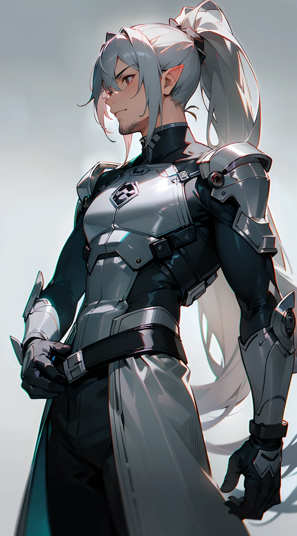 (masterpiece, best quality:1.3),beautiful detailed glow,best illuminate,(((best quality,textile shading,ultra detailed))),extremely detailed CG unity 8k wallpaper,Highly Detailed beautiful and aesthetic,best light,high resolution,detailed,dynamic lighting , mix of sword art online and futuristic style clothes , Handsome man, ((gray stubble :1.1)) , red eyes , elf ears , extremely long hair , ((silver hair)) , hair in a ponytail, lean , muscular ,((male:2 )), age 41