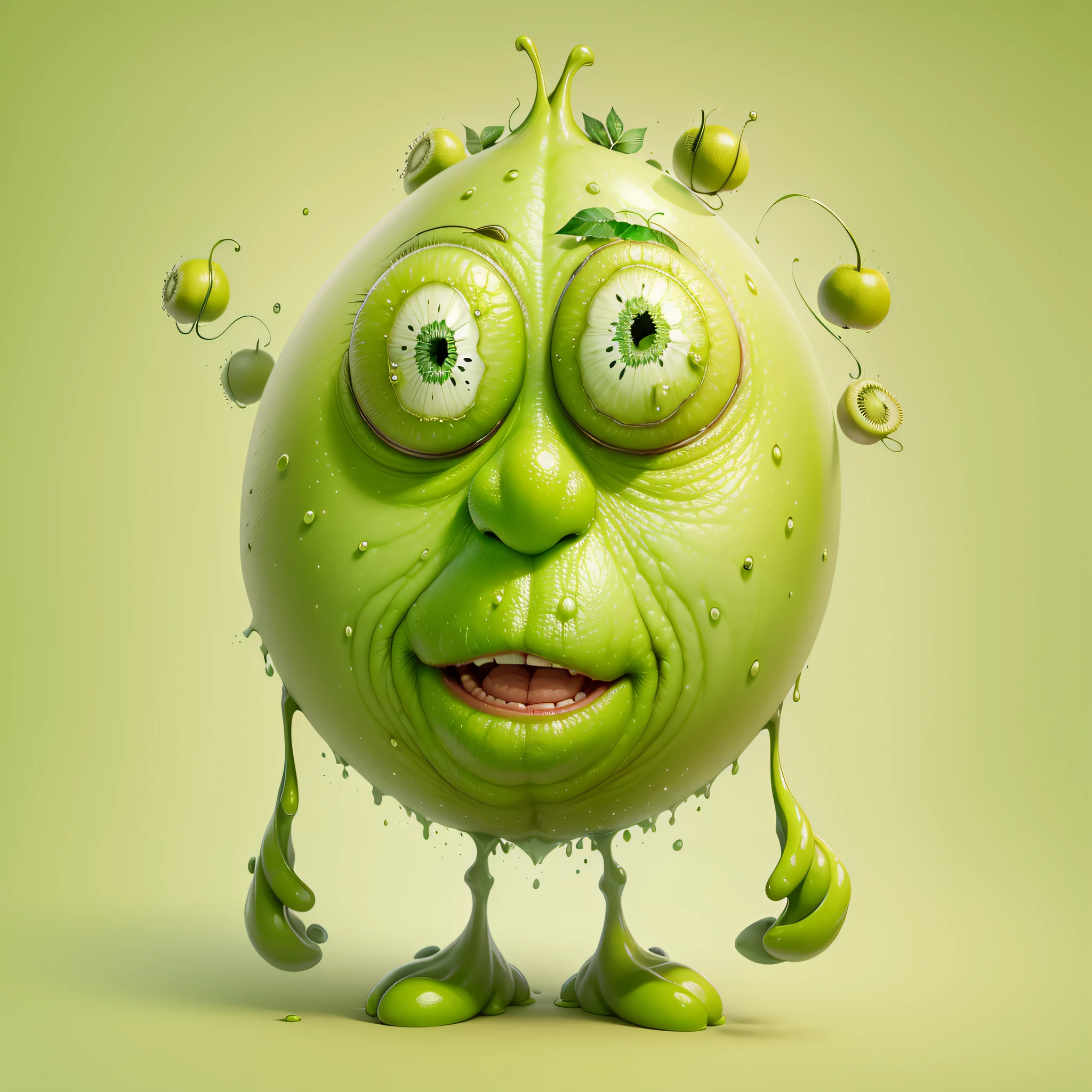 (Cartoon old man character in the shape of a green kiwifruit)、(Tactile sensations grow from the forehead of the face)、(With a big face)、(Thin arms from the left and right sides of the face)、(the presence of thin legs from under the face,)、Masterpiece