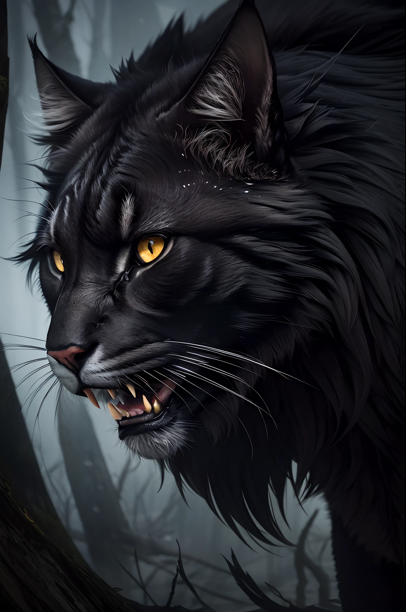 (best quality,4k,8k,highres,masterpiece:1.2),ultra-detailed,(realistic,photorealistic,photo-realistic:1.37),illustration,black fur,ferocious expression,intense gaze,piercing eyes,highly detailed fangs,minute whiskers,velvety texture,striking contrast,dramatic lighting,portrait,animals,cat,feline,large predator,wilderness,graceful,powerful,agile,muscular,sleek,seamless black coat,elegant,unyielding stance,sharp claws,endangered species,hauntingly beautiful,dangerous yet mesmerizing,majestic creature,nature's masterpiece,dark and mysterious,??????? emphasized,high-key lighting,exquisite brushwork,vivid colors,mesmerizingly lifelike,powerful jaw muscles,subtle highlights,innate hunting instincts,untamed wilderness,dimly lit forest,solitude and stealth,proud and untamed.