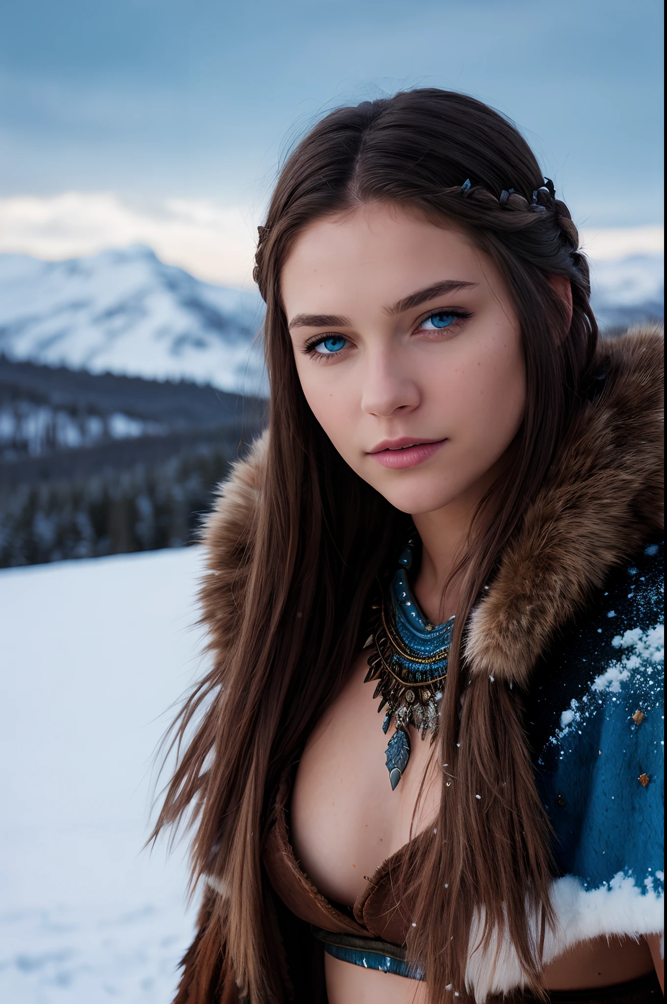 (photo, realistic), fantasy RPG,
female, shaman, (detailed skin texture), straight brown hair, blue eyes,
shaman outfit, crop-top,
snow field, high land,
high quality, film grain, depth of field,