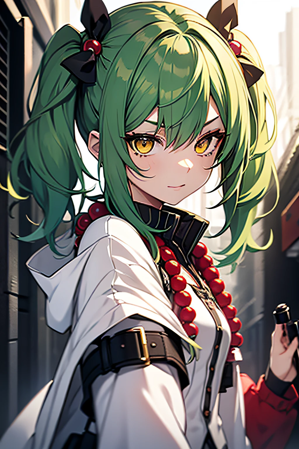 1 girl, green hair, yellow eyes,twintails,black eyeliner, white army outfit,Red hair beads,small chest, playfully