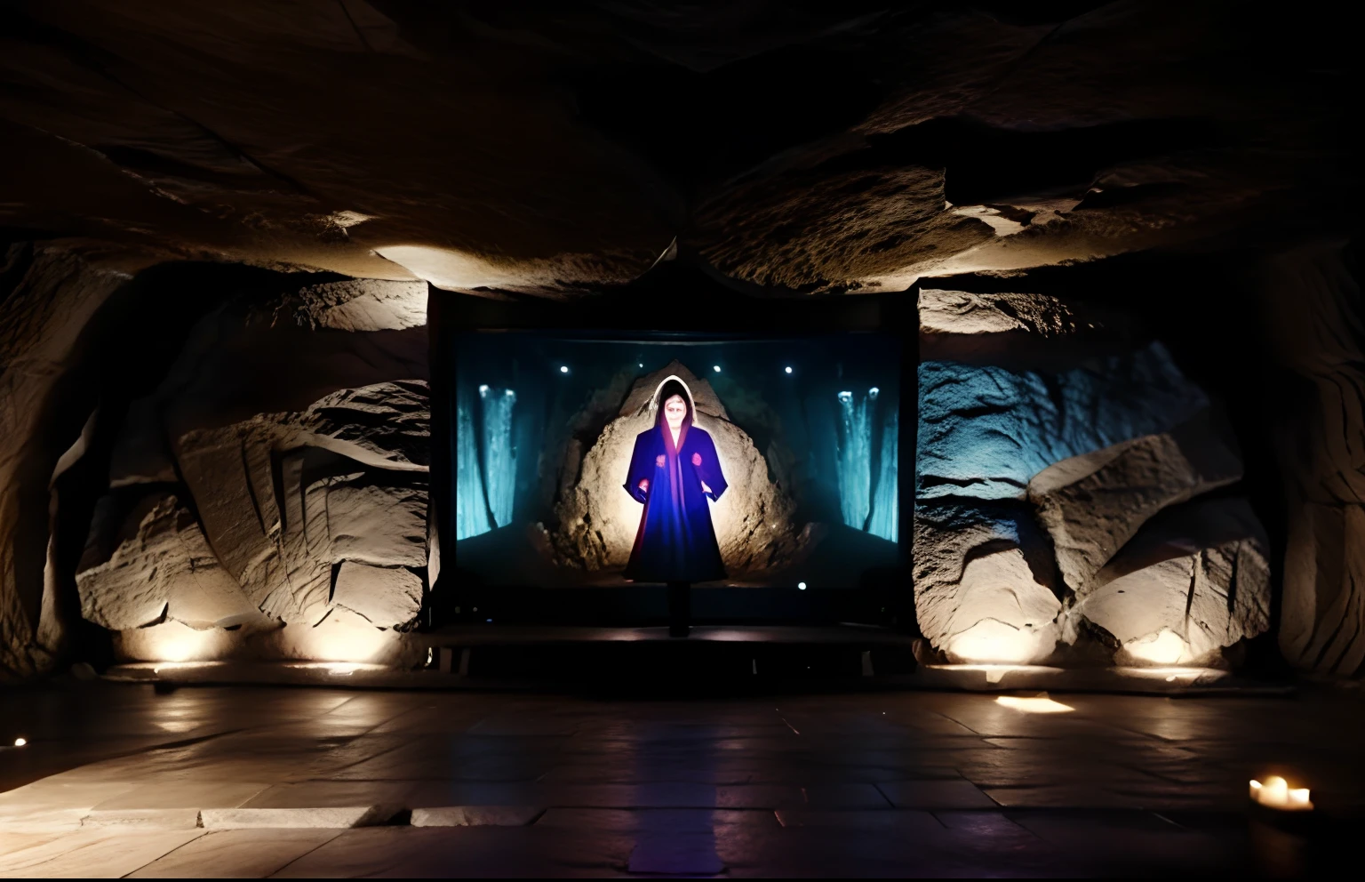 film projections on the walls of a stone cave with an occult queer community