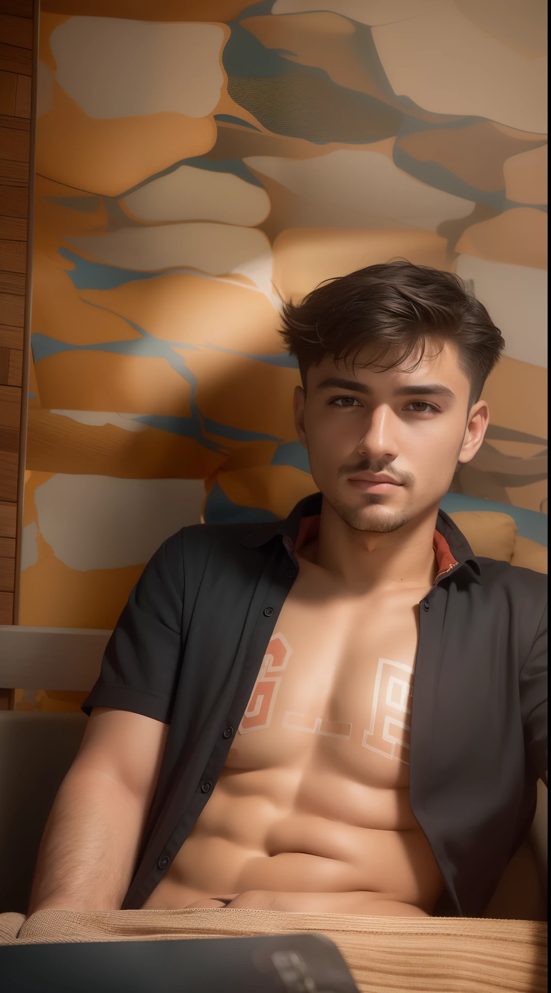 there is a man sitting on a couch with a cell phone, enes dirig, 19 years old, profile pic, light facial hair,profile image,(realistic:1.3), finely detailed, quality, rembrandt lighting, (masterpiece:1.2), (photorealistic:1.2), (best quality), (detailed skin:1.3), (intricate details), dramatic, ray tracing,Masterpiece, award winning photo, extremely detailed, amazing, fine detail, extremely detailed eyes and face, 4 kodak portra 400 camera f1.6 lens rich colors hyper realistic lifelike texture dramatic lighting unrealengine trending on artstation cinestill 800 tungsten, beautiful man, short black hair, posing for a picture