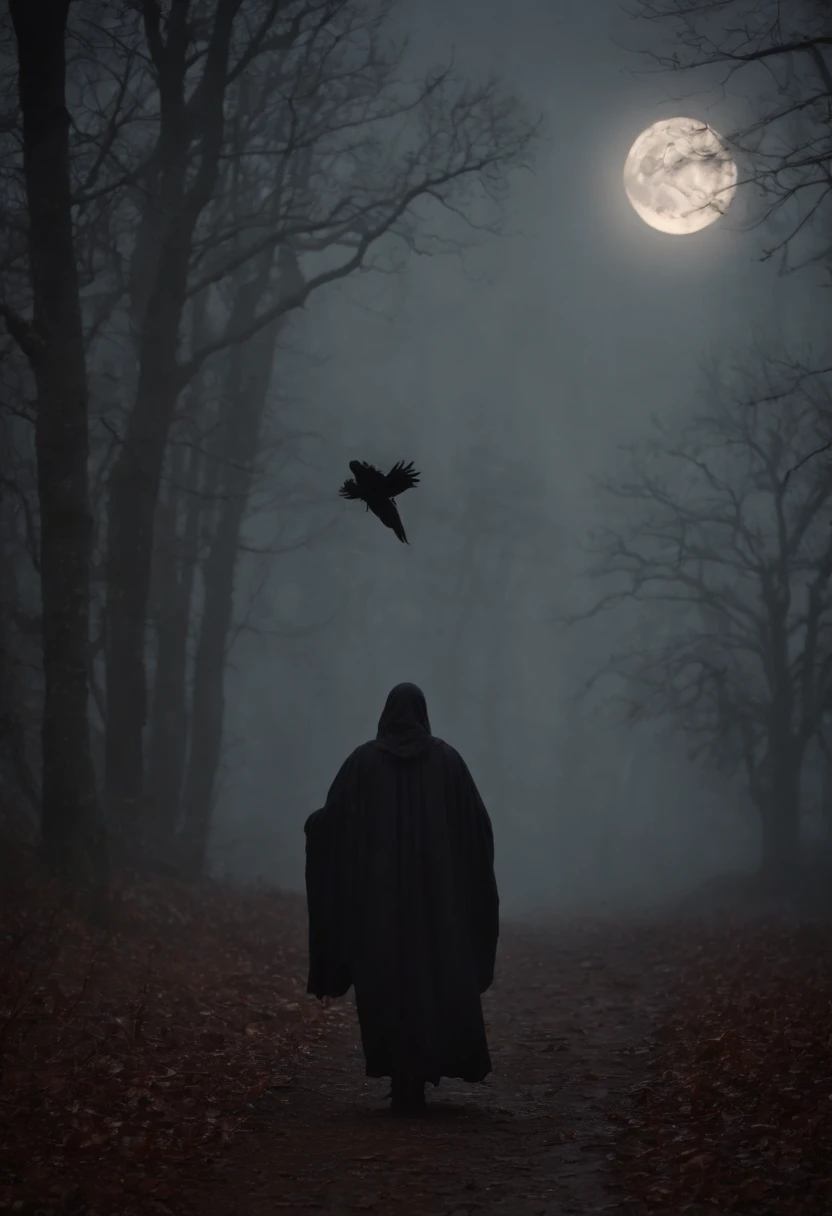 mothman,moon,fog,dark ambience,ethereal, eldritch,ominous, haunting, hauntingly beautiful, mysterious, eerie, nocturnal, otherworldly, supernatural, mesmerizing, mythical, atmospheric, shrouded in mist, enigmatic, surreal, spectral silhouette, mystical, cryptic, ethereal glow, enshrouded in darkness, enchanted, lunar glow, eerily radiant, moonlit reflection, ghostly apparition, arcane, otherworldly forms, haunting presence, chilling, sublime, hidden in the shadows, enigmatic figure, enshrouded in fog, supernatural being, celestial enchantment, wings, black wings