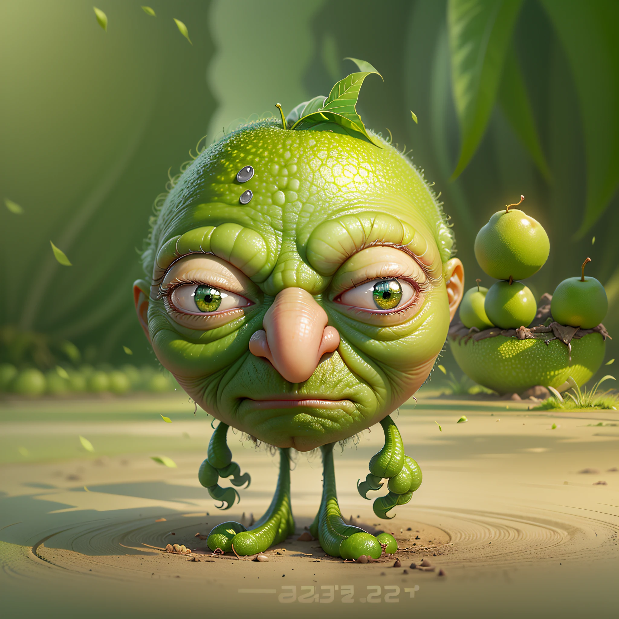 (Cartoon old man character in the shape of a green kiwifruit)、(Nose on the forehead of the face)、(With a big face)、(Thin arms from the left and right sides of the face)、(the presence of thin legs from under the face,)、Masterpiece、High-definition and ultra-realistic backgrounds、Extraterrestrials、On Earth