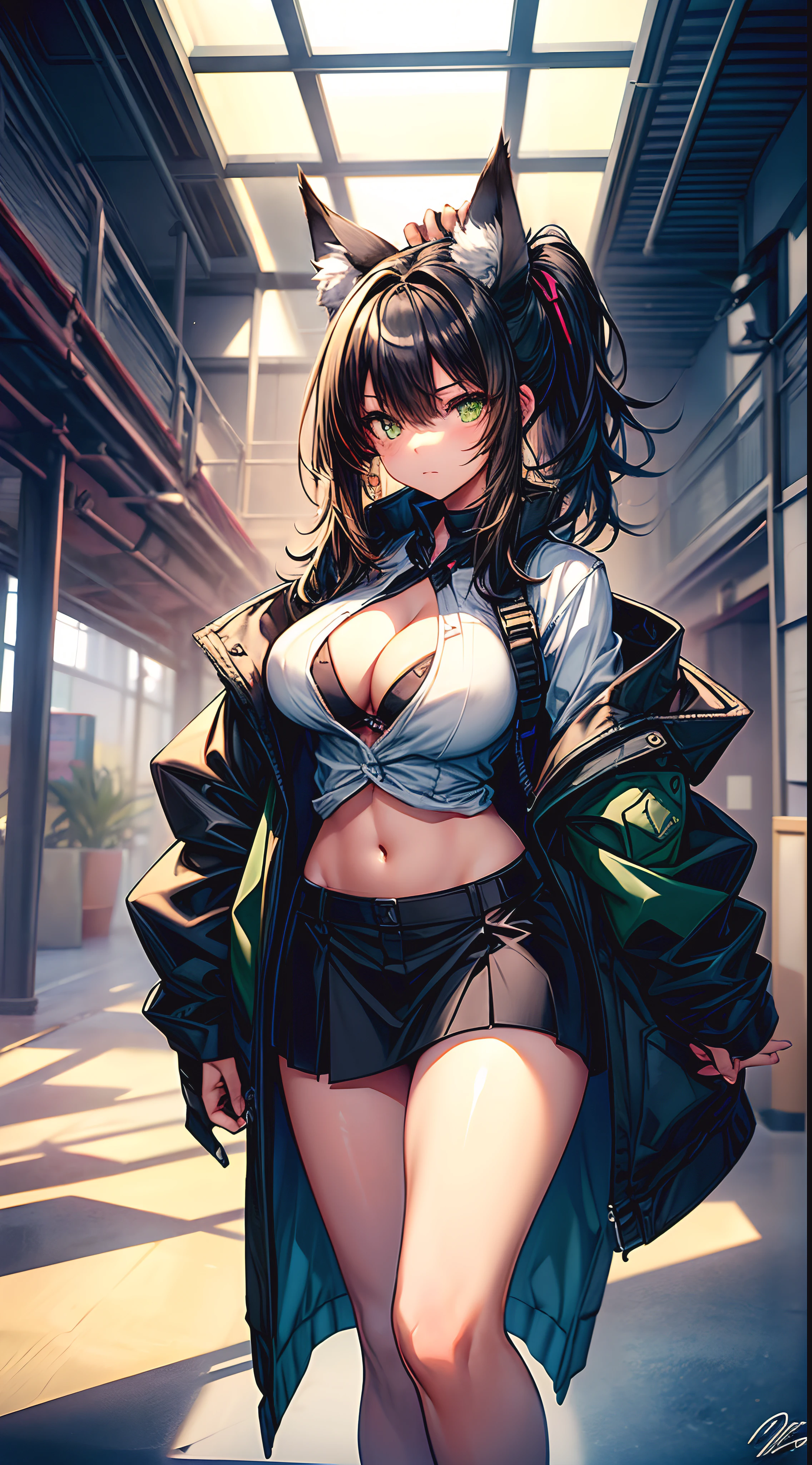 /(Modern office indoors/), (masterpiece, best quality:1.4), 1girl, solo, petite, (an extremely beautiful and delicate), green eyes, fox ears, (black fox tail:1.2),long black hair, medium hair, hair between eyes, ponytail, medium breasts, business suit,open shirt, black skirt, kneehigh socks, loafers, indoors, office, cleavage, closed_mouth, large_breasts, long_hair, looking_at_viewer, navel, signature, solo, posing,thighs, tall female, on back, narrow waist, naughty face, flustered, surprised,(masterpiece, best quality:1.4),high quality, highly detailed,detailed,perfect,standing,bend over,hand on desk