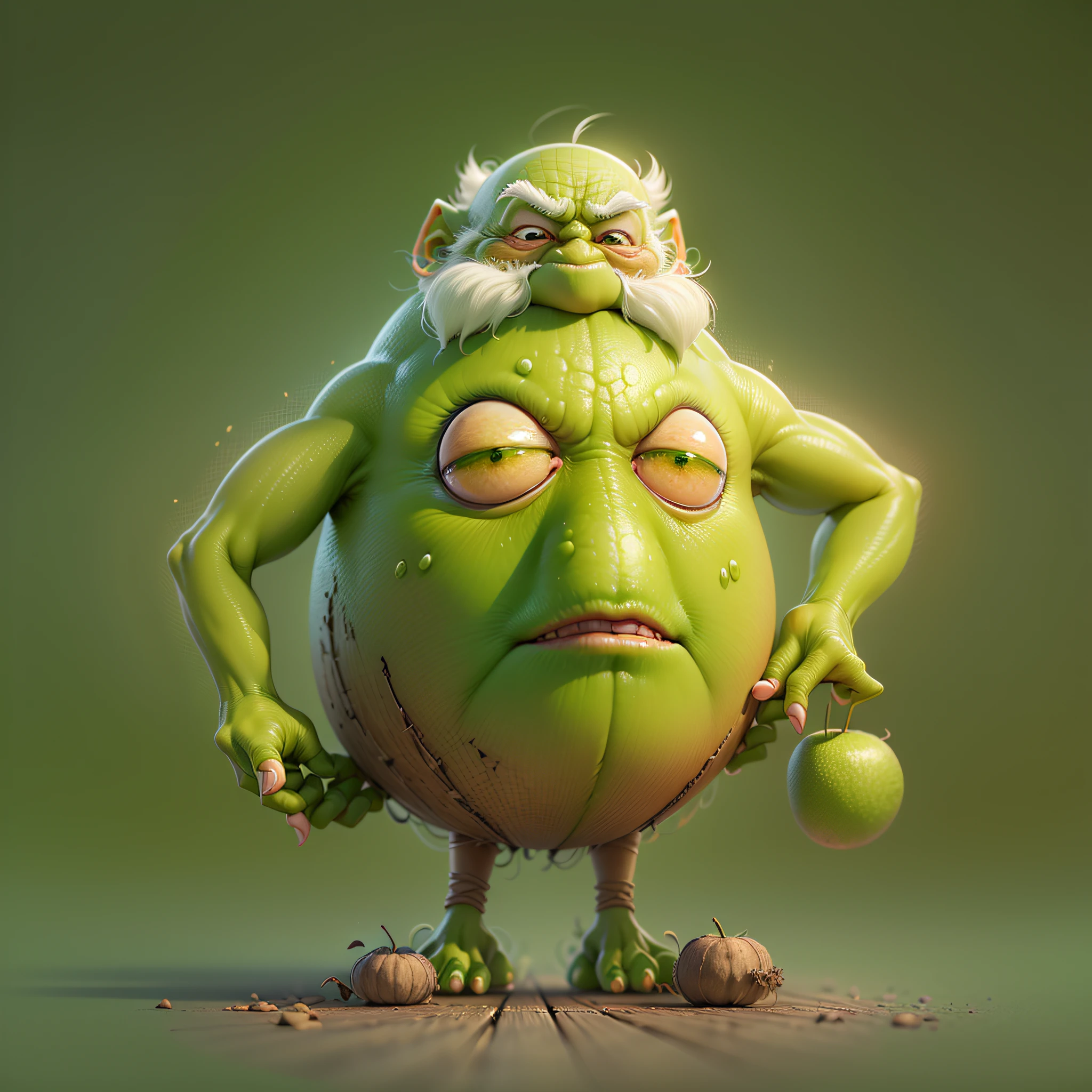 (Cartoon old man character in the shape of a green kiwifruit)、(Nose on the forehead of the face)、(With a big face)、(Thin arms from the left and right sides of the face)、(the presence of thin legs from under the face,)、Masterpiece、High-definition and ultra-realistic backgrounds、Extraterrestrials、On Earth