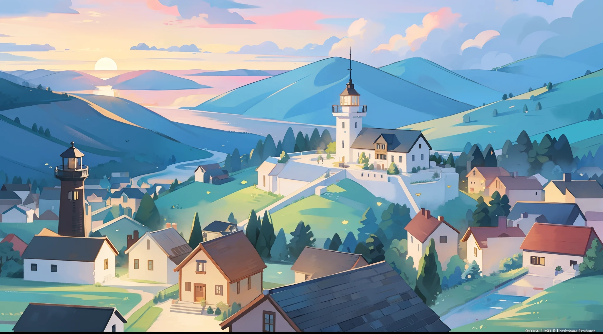 ((picture book illustration)), ocean fantasy, watercolor illustration, whimsical, sunrise colors, village, houses, huge lighthouse, ((masterpiece)), highly detailed environment