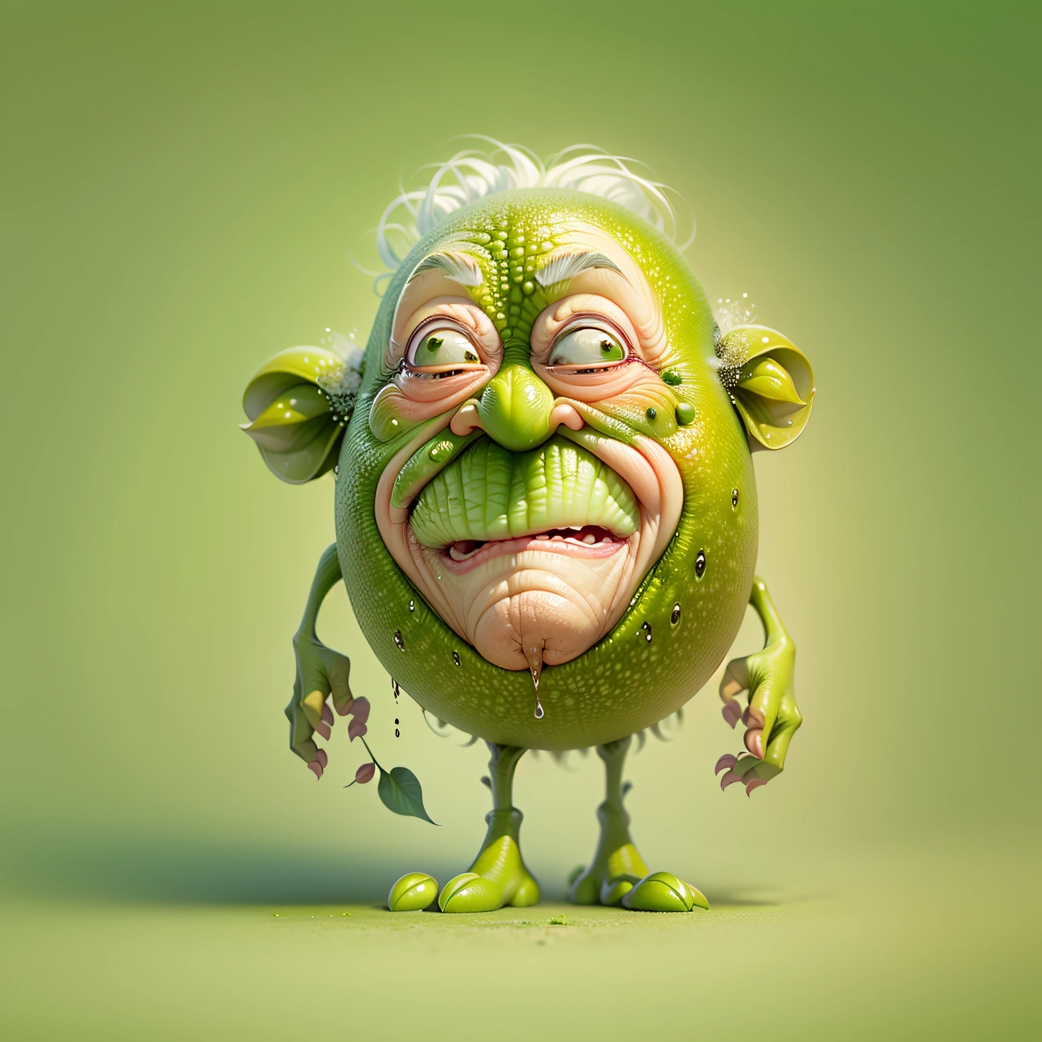 (Cartoon old man character in the shape of a green kiwifruit)、(Tactile sensations grow from the forehead of the face)、(With a big face)、(Thin arms from the left and right sides of the face)、(the presence of thin legs from under the face,)、Masterpiece