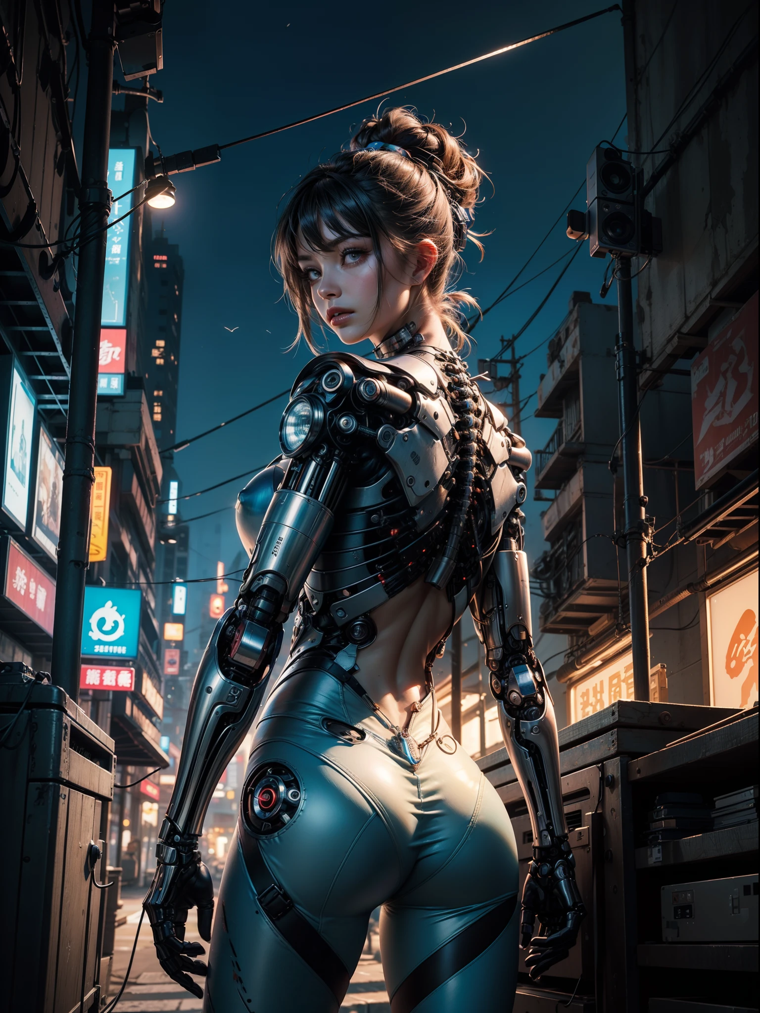 ((1 cybernetic girl)), ((fringe and bangs hairstyle)), (mechanical made limbs s:1.2),((mechanical limb)),((mechanical vertebra attaching to back),((mechanical cervical attaching to neck)),(wires and cables attaching to neck:1.2),(wires and cables on head:1.2),(character focus), ((looking at camera)), ((cowboy shot)), (masterpiece), (((best quality))), ((ultra-detailed)), (highly detailed CG illustration), ((extremely delicate and beautiful)),cinematic ,science fiction,extreme detailed,colorful,highest detailed, ((cyberpunk city background)), NSFW