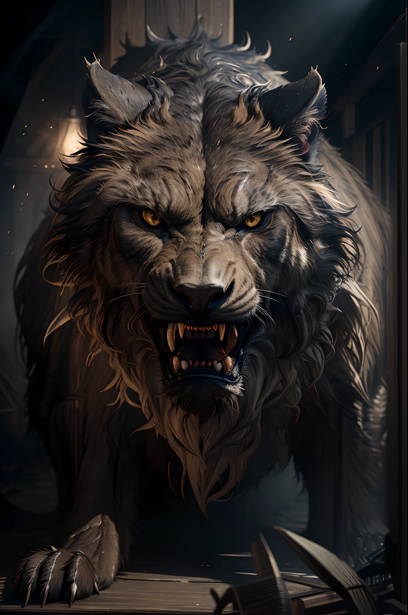 (best quality,4k,8k,highres,masterpiece:1.2),ultra-detailed,(realistic,photorealistic,photo-realistic:1.37),illustration,black fur,ferocious expression,intense gaze,piercing eyes,highly detailed fangs,minute whiskers,velvety texture,striking contrast,dramatic lighting,portrait,animals,cat,feline,large predator,wilderness,graceful,powerful,agile,muscular,sleek,seamless black coat,elegant,unyielding stance,sharp claws,endangered species,hauntingly beautiful,dangerous yet mesmerizing,majestic creature,nature's masterpiece,dark and mysterious,anatomy emphasized,high-key lighting,exquisite brushwork,vivid colors,mesmerizingly lifelike,powerful jaw muscles,subtle highlights,innate hunting instincts,untamed wilderness,dimly lit forest,solitude and stealth,proud and untamed.