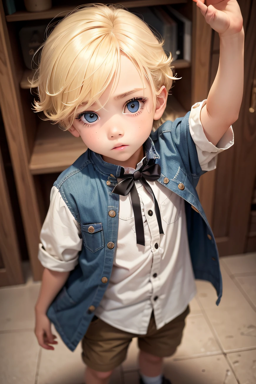 Let the boy be blond and colored-eyed in a cute outfit on a  boy