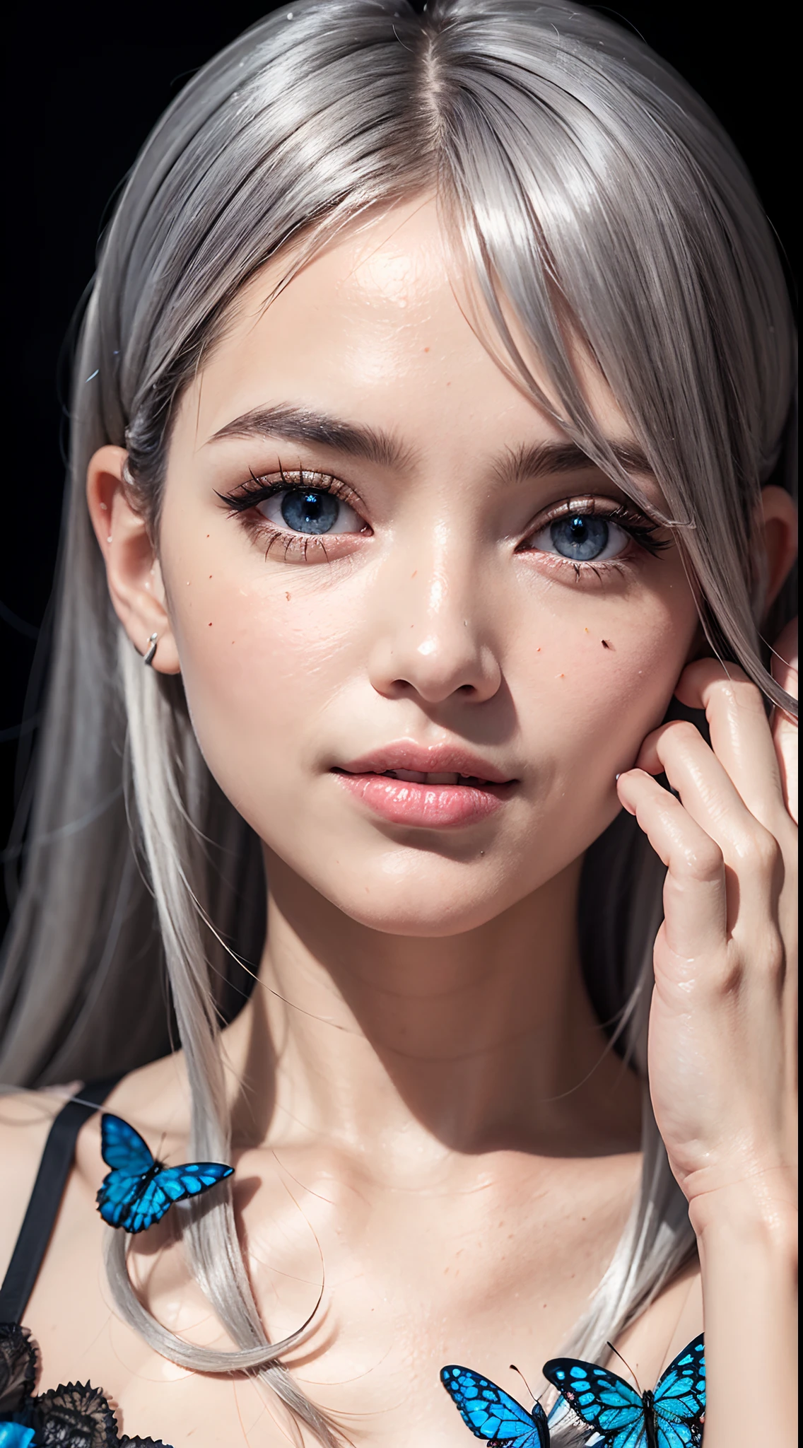16k high quality wallpapers，Surrealist broken glass photo（Detailed eyes,Long eyelashes,Bright and colorful iris,Expressive eyebrows,Blend eyeshadow perfectly,Eyes sparkle,Reflective eyeballs，Heterochromia），（Silver-blue long-haired girl ， A lot of hair 1。3 Delicate hair 1。2）,（Long transparent dress，floral patterns：1.4，），（Gorgeous and delicate glowing little butterfly hair ornament，brilliant colorful，Fine engraving，Shine brightly，The attention to detail，The jewelry is of high quality，Extremely high image quality）White Skin Skin，Seductive smile emoji，Close-up shot