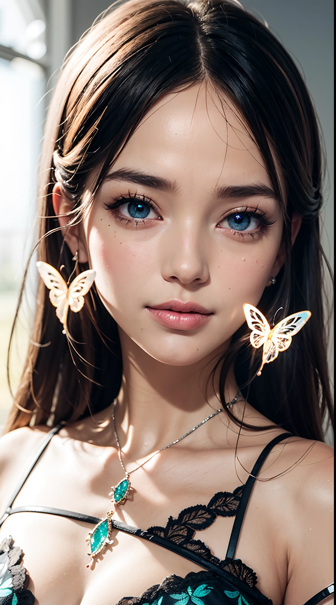 16k high quality wallpapers,Surrealist broken glass photo(Detailed eyes,Long eyelashes,Bright and colorful iris,Expressive eyebrows,Blend eyeshadow perfectly,Eyes sparkle,Reflective eyeballs,Heterochromia),(Silver-blue long-haired girl , A lot of hair 1。3 Delicate hair 1。2),(Long transparent dress,floral patterns:1.4,),(Gorgeous and delicate glowing little butterfly hair ornament,brilliant colorful,Fine engraving,Shine brightly,The attention to detail,The jewelry is of high quality,Extremely high image quality)White Skin Skin,Seductive smile emoji,Close-up shot