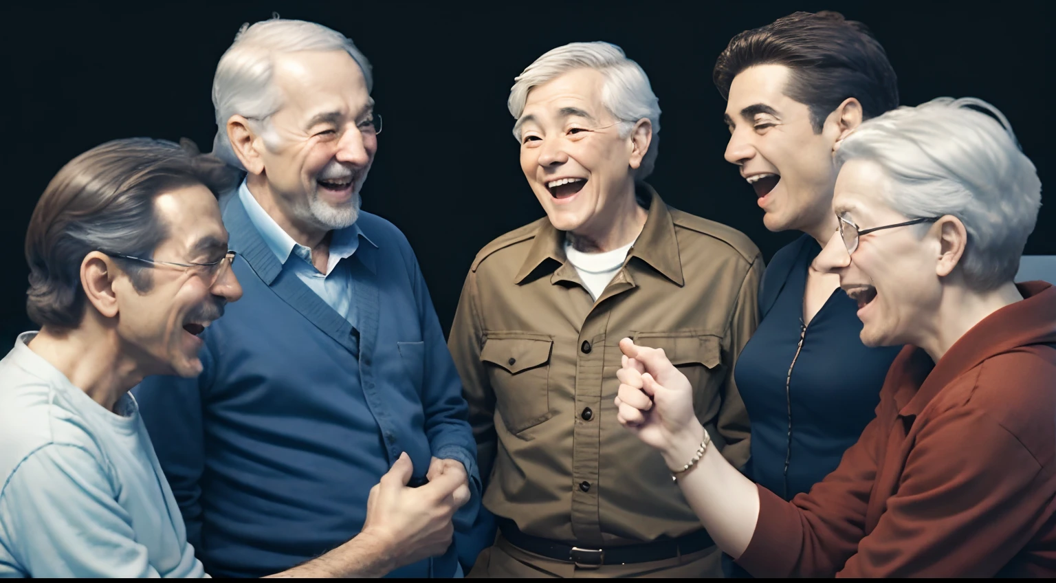 a group of several people, young and old, men and women, laughing at a man who told a joke