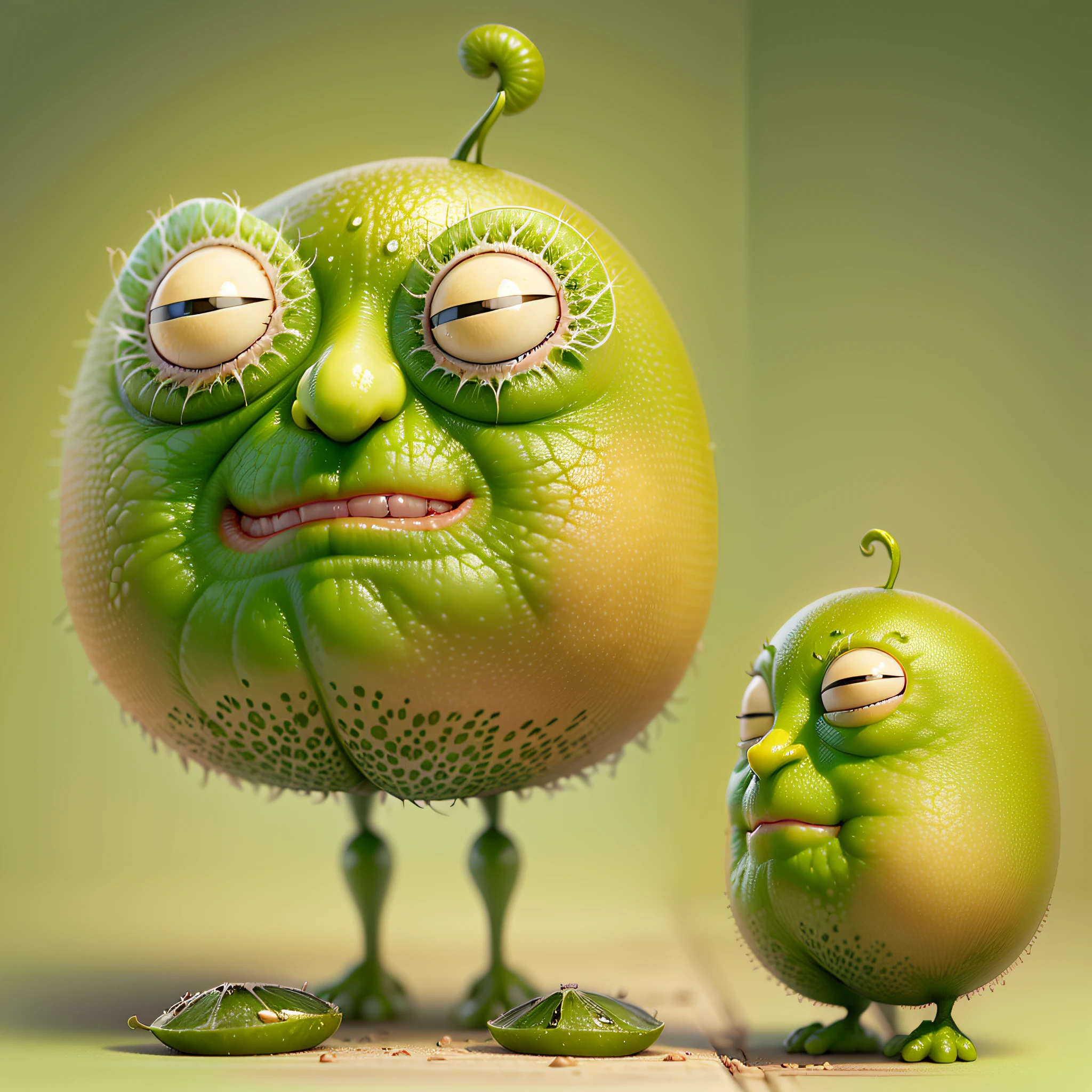 (Cartoon old man character in the shape of a green kiwifruit)、(Tactile sensations grow from the forehead of the face)、(With a big face)、(Thin arms from the left and right sides of the face)、(the presence of thin legs from under the face,)、Masterpiece