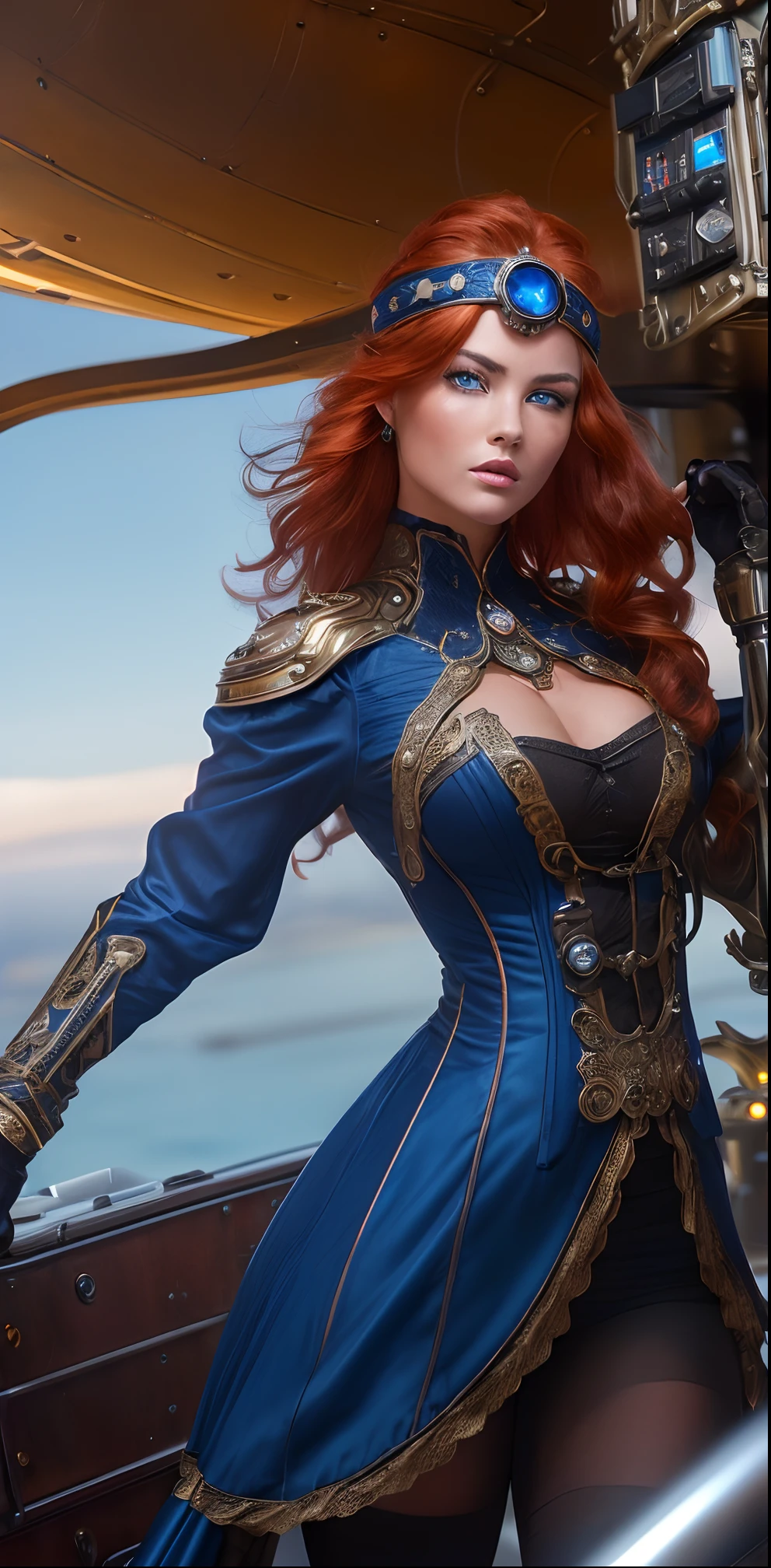 (((Ultra detailed, beautiful face, Megapixel))) In a magnificent steampunk airship soaring through the skies, a daring and charismatic young woman captures the essence of Jules Verne's adventurous spirit with her exaggerated hourglass figure. Her ((vibrant, fiery red hair)) flows in elegant waves, adorned with a steampunk-inspired headband adorned with gears and small crystals. Her piercing ((deep, sapphire blue eyes)) hold a spark of excitement as she navigates the intricate control panels and gears of the airship. Dressed in an extravagant ensemble of rich fabrics and ornate corsets, she showcases her hourglass figure with confidence and flair. On her back, she carries an airtank with intricate engravings, a marvel of steampunk engineering that fuels the airship's propulsion system. As she stands on the airship's deck, with the wind in her hair and the vast sky stretching before her, she embodies the intrepid and adventurous spirit of Jules Verne's extraordinary tales.