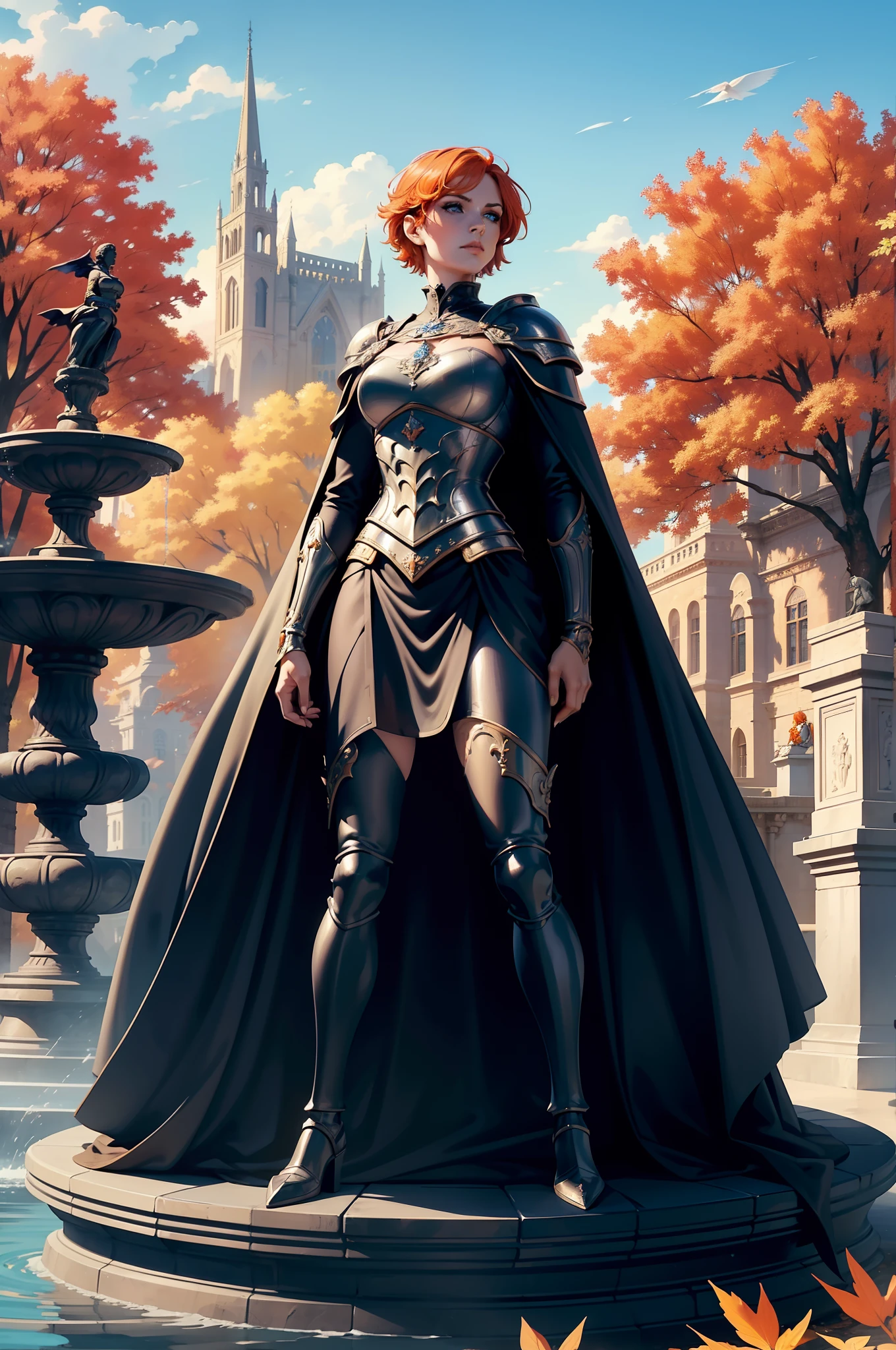 A beautiful and wonderful woman, extremely detailed, short orange hair, wearing extremely detailed gothic armor, blue eyes in a fountain with statues in a medieval public square, palace, blue sky full of clouds and autumn trees, fluttering 8k cape in an imposing position and arms crossed