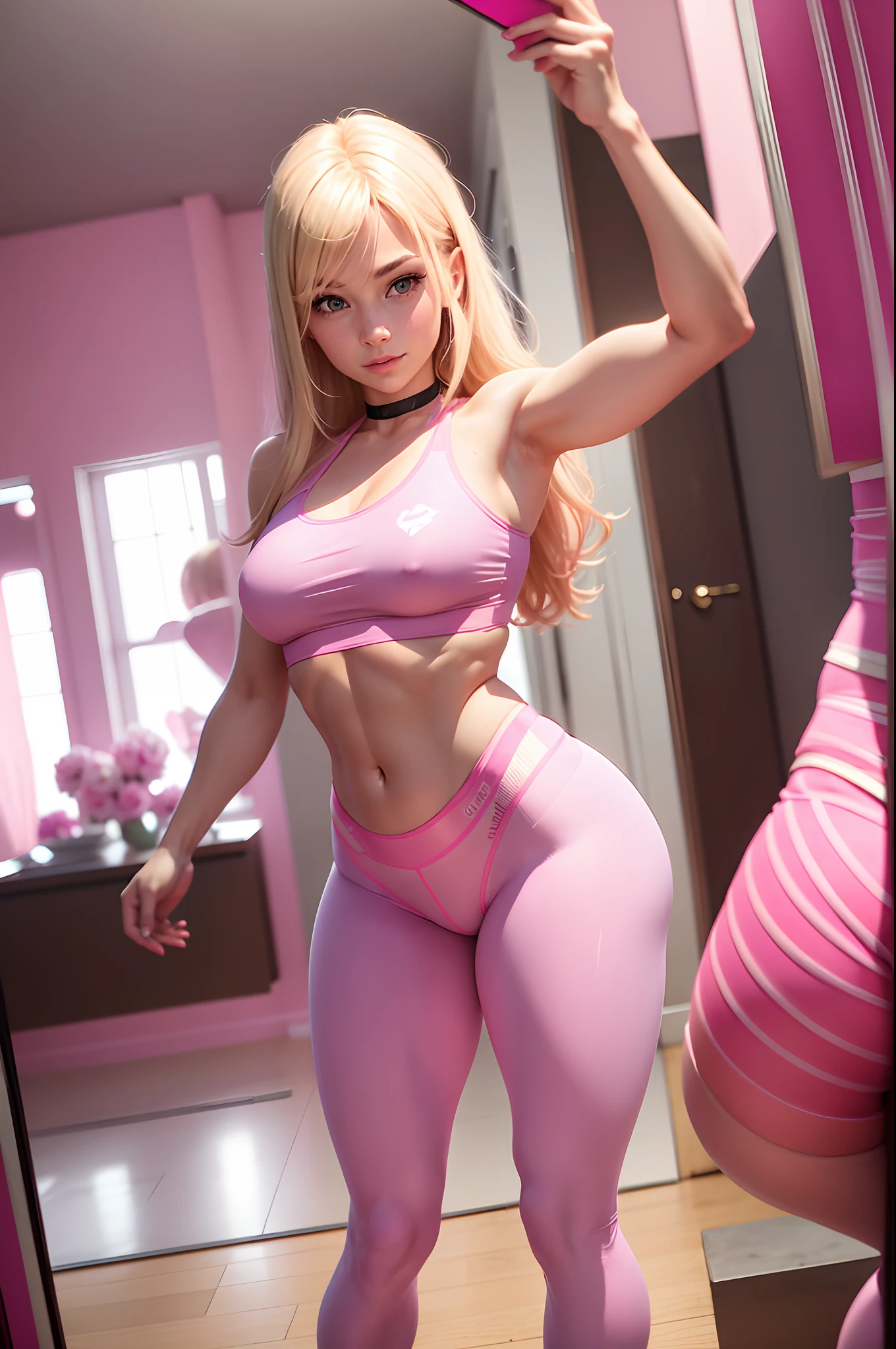 blond woman in pink tights taking a selfie in a mirror, a picture by Emma Andijewska, instagram, arabesque, tights, tights, some pink, cottagecore!! fitness body, pink body, niele toroni, tights skin, fit girl, fit body, neon pink, pink vibe, fit, thicc, angie glocka