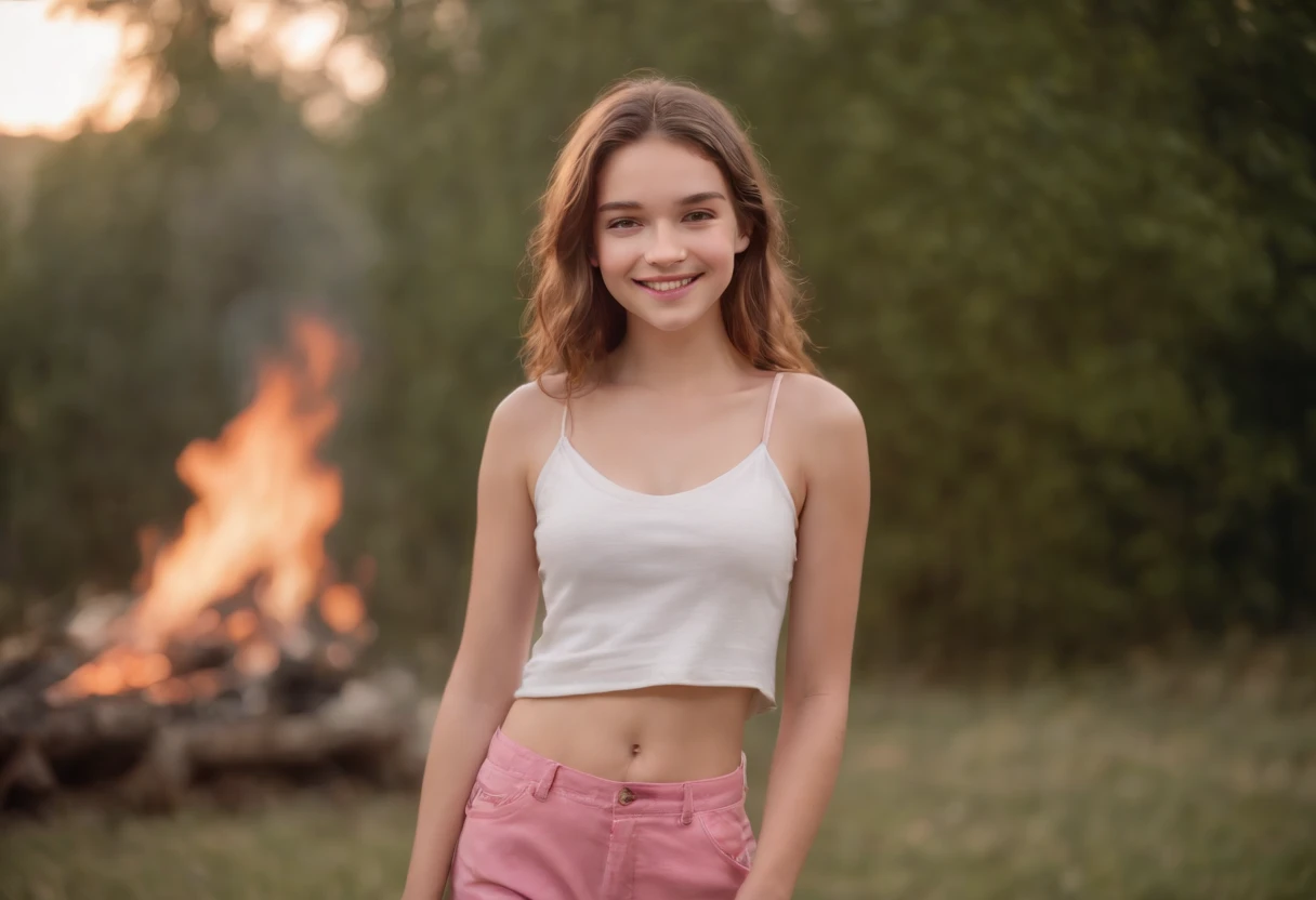 yo smiling sitting teirl wearing hardly any clothes walking towards the camera with a smile on her face, wearing pink pants, The background is in flames.