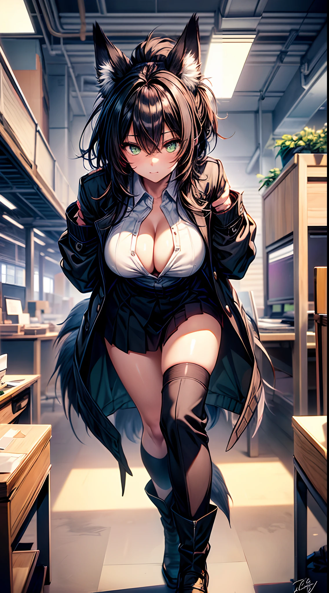 /(Modern office indoors/), (masterpiece, best quality:1.4), 1girl, solo, petite, (an extremely beautiful and delicate), green eyes, fox ears, (black fox tail:1.2),long black hair, medium hair, hair between eyes, ponytail, medium breasts, business suit,open shirt, black skirt, kneehigh socks, loafers, indoors, office, cleavage, closed_mouth, large_breasts, long_hair, looking_at_viewer, navel, signature, solo, posing,thighs, tall female, on back, narrow waist, naughty face, flustered, surprised,(masterpiece, best quality:1.4),high quality, highly detailed,detailed,perfect,standing,bend over,hand on desk