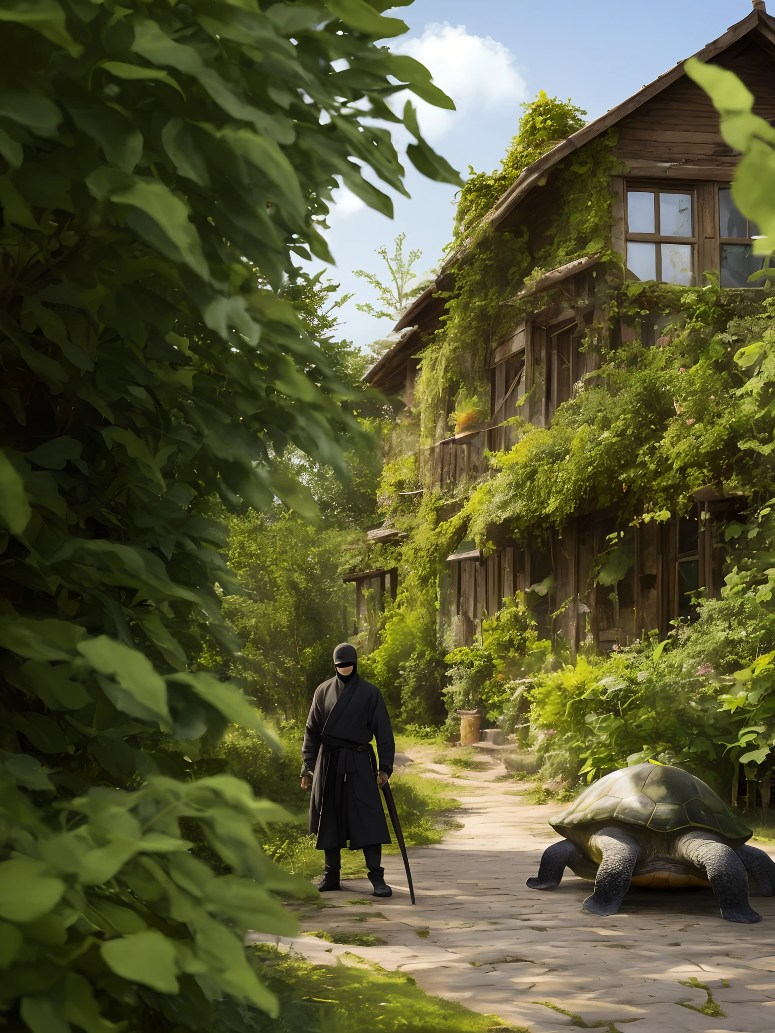 Ninja man close-up in the foreground with a sword, A house in the distance, The turtle is old in the background, greenery around