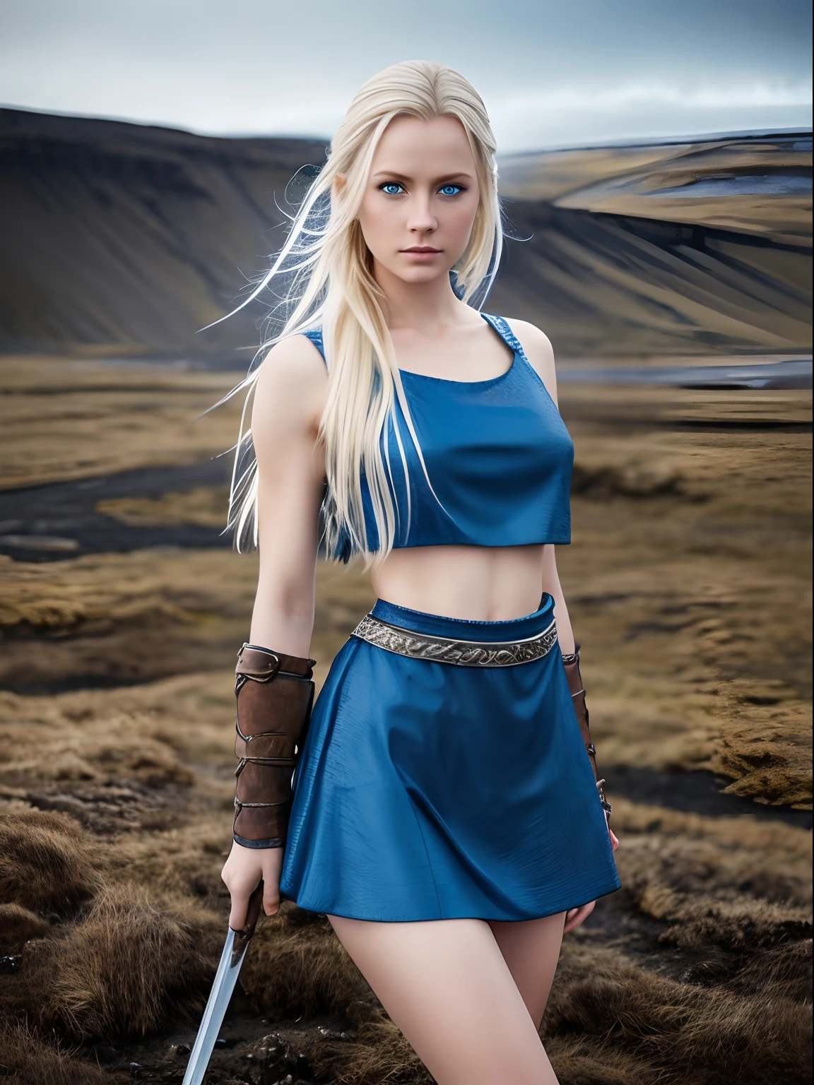 (photo, realistic), fantasy RPG, female, Icelandic, (detailed skin texture), straight blonde hair, blue eyes, iceland sexy outfit, crop-top, snow field, high land, high quality, film grain, depth of field,