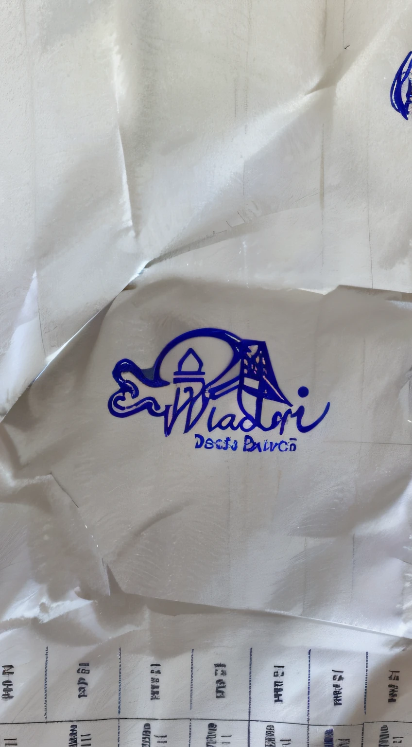 a closeup of a piece of paper with a blue logo, desenhado em papel manteiga branco, por Estuardo Maldonado, Descrito!!!, medium [ grafity, Directed by: Vadym Meller, Vadim, logo for lunch delivery, por Kanbun Master, handdrawn, restaurante!!, Directed by: Tom Wänerstrand, Directed by: Anita Malfatti