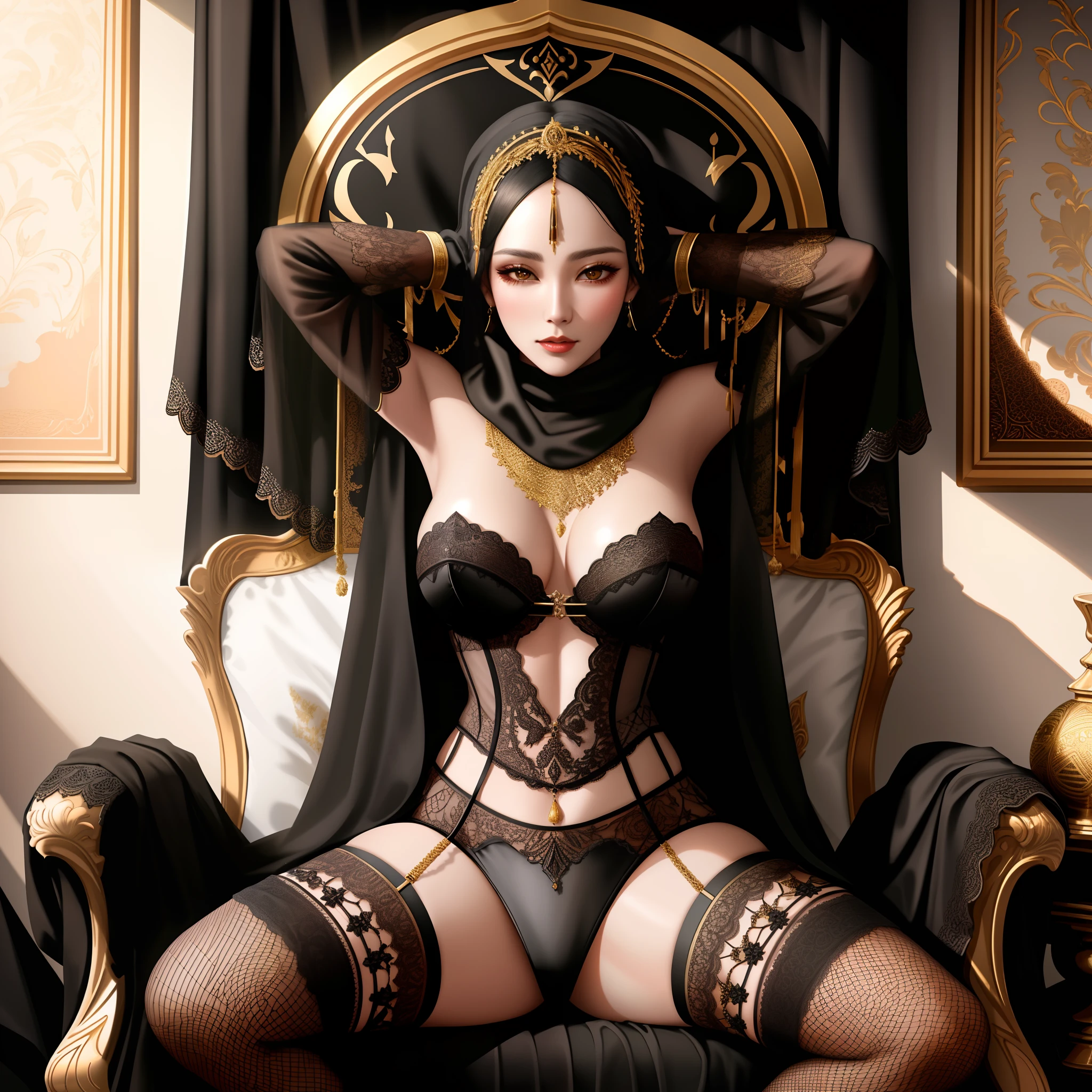 two women in black lingersuits sitting on a red chair, harem, 8k high quality detailed art, trendin on artstation, black leather robes! intricate, commission for high res, wlop and artgerm, in dark robes with gold accents, wlop and sakimichan, artgerm and genzoman