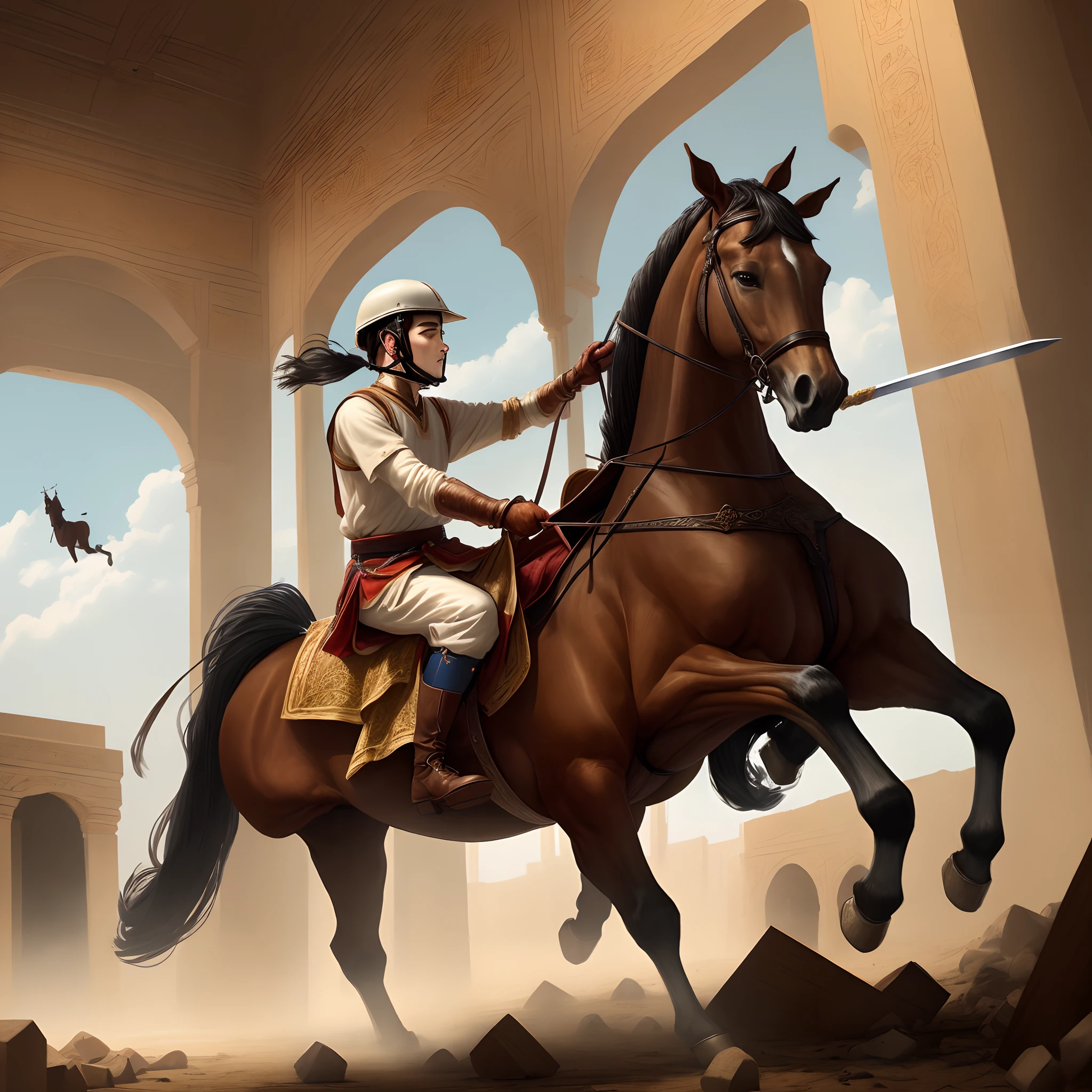 And cut the ropes of the tabernacle with the sword, due to which the tabernacle fell on Rustam and those in the tabernacle, cut the rope of the horse, and rode out on the horse.