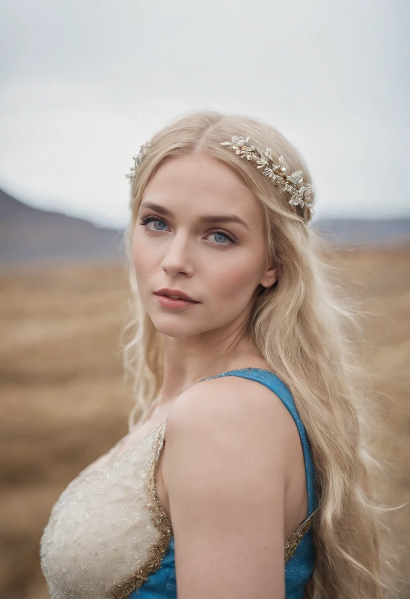 (photo, realistic), fantasy RPG, female, Icelandic, (detailed skin texture), straight blonde hair, blue eyes, Iceland sexy outfit, crop-top, snow field, high land, high quality, film grain, depth of field,