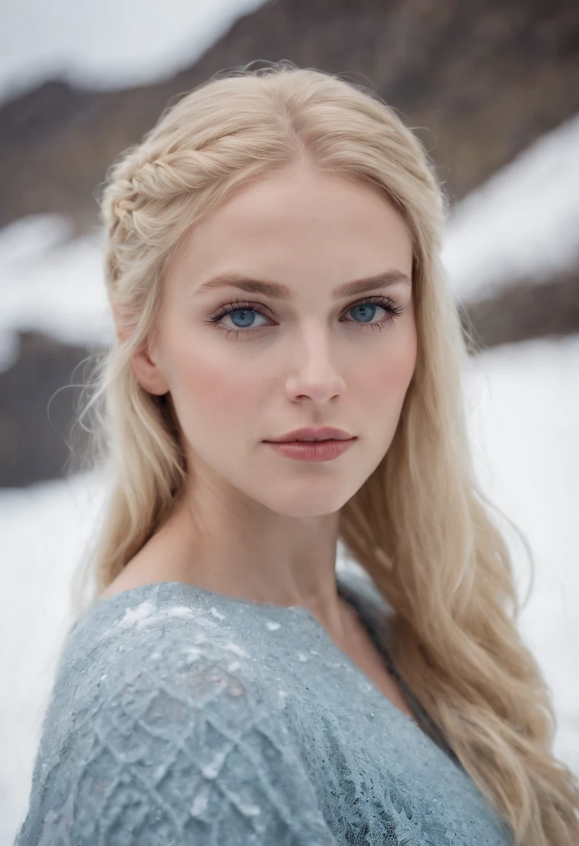 (photo, realistic), fantasy RPG, female, Icelandic, (detailed skin texture), straight blonde hair, blue eyes, Iceland sexy outfit, crop-top, snow field, high land, high quality, film grain, depth of field,