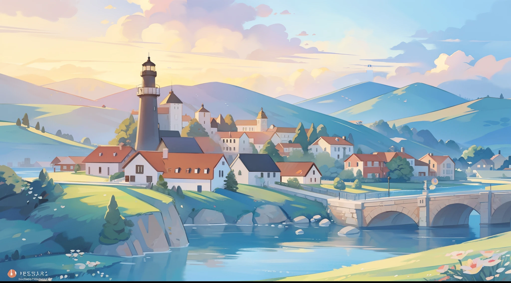 ((picture book illustration)), ocean fantasy, watercolor illustration, whimsical, sunrise colors, village, houses, huge lighthouse, ((masterpiece)), highly detailed environment