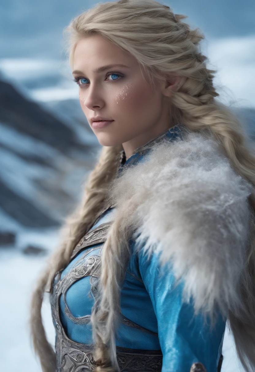 (photo, realistic), fantasy RPG, female, Icelandic, (detailed skin texture), straight blonde hair, blue eyes, iceland sexy outfit, crop-top, snow field, high land, high quality, film grain, depth of field,